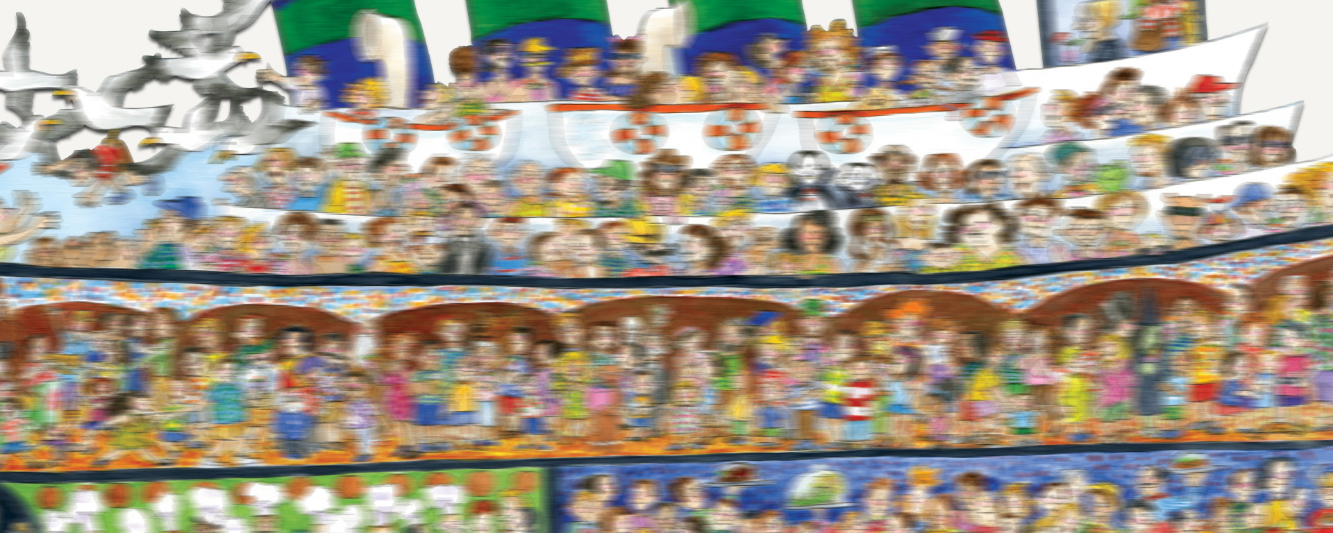 Wooden search and find puzzle of a blurry boat scene with many people on it and seagulls flying above.