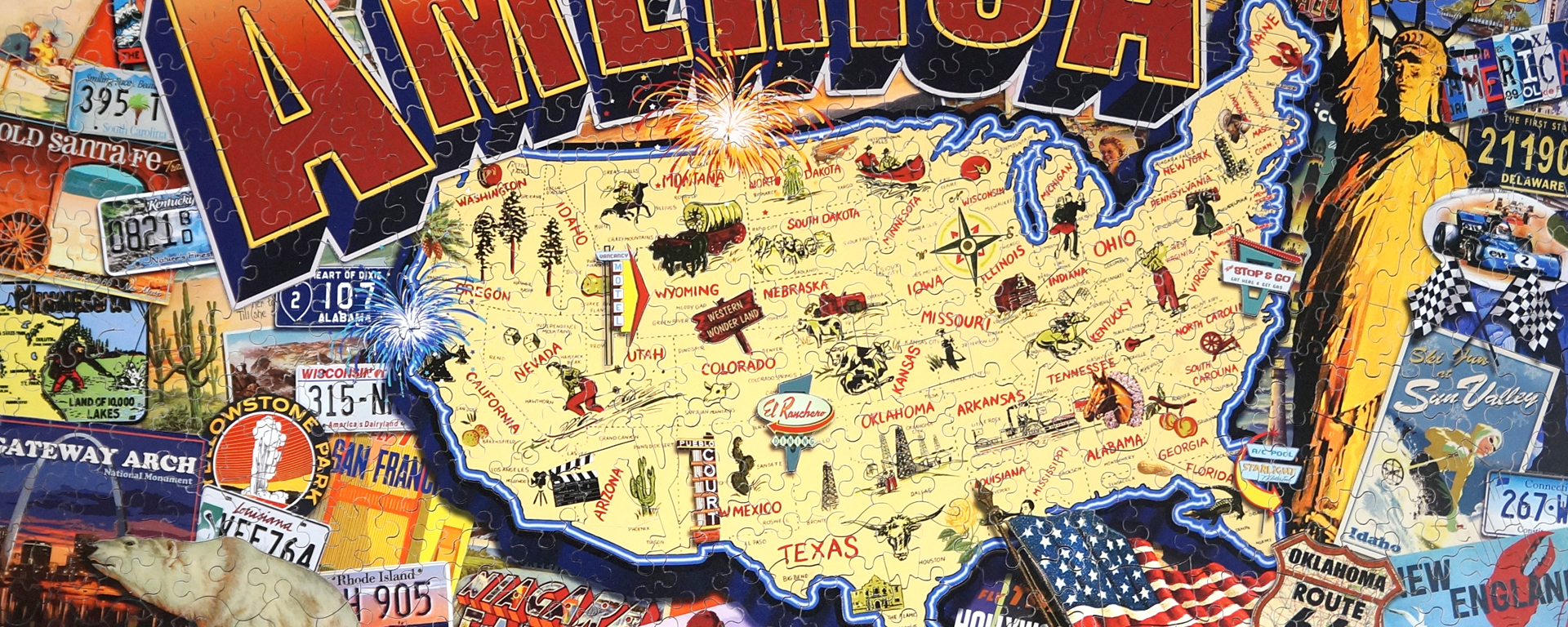 Wooden United States destination puzzle displaying a map of America with icons to represent each state. The whole map is surrounded by license plates from various states.