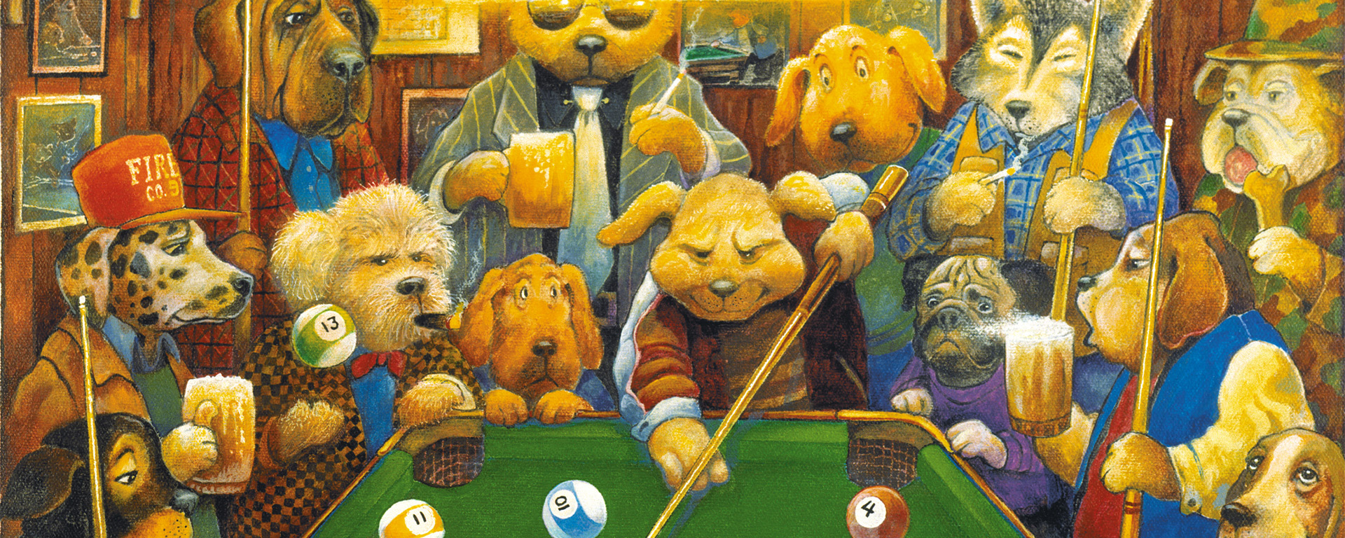 Wooden humor puzzle depicting dogs sitting around a table playing poker.