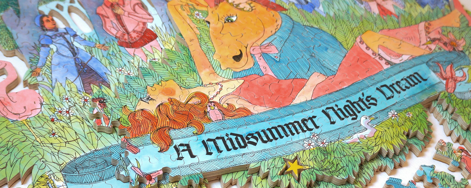 Wooden limited edition double decker 3D puzzle of A Midsummer Night's Dream featuring the four mixed-up lovers meeting in the woods.