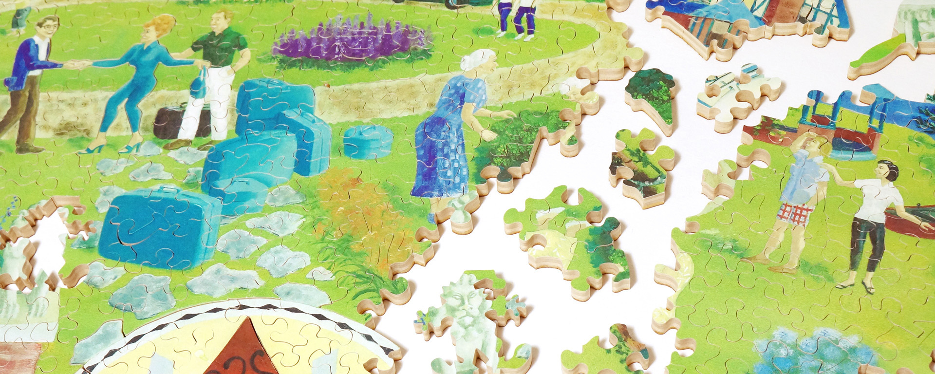 Wooden limited edition mystery puzzle of people doing various activities on the lawn of an estate.