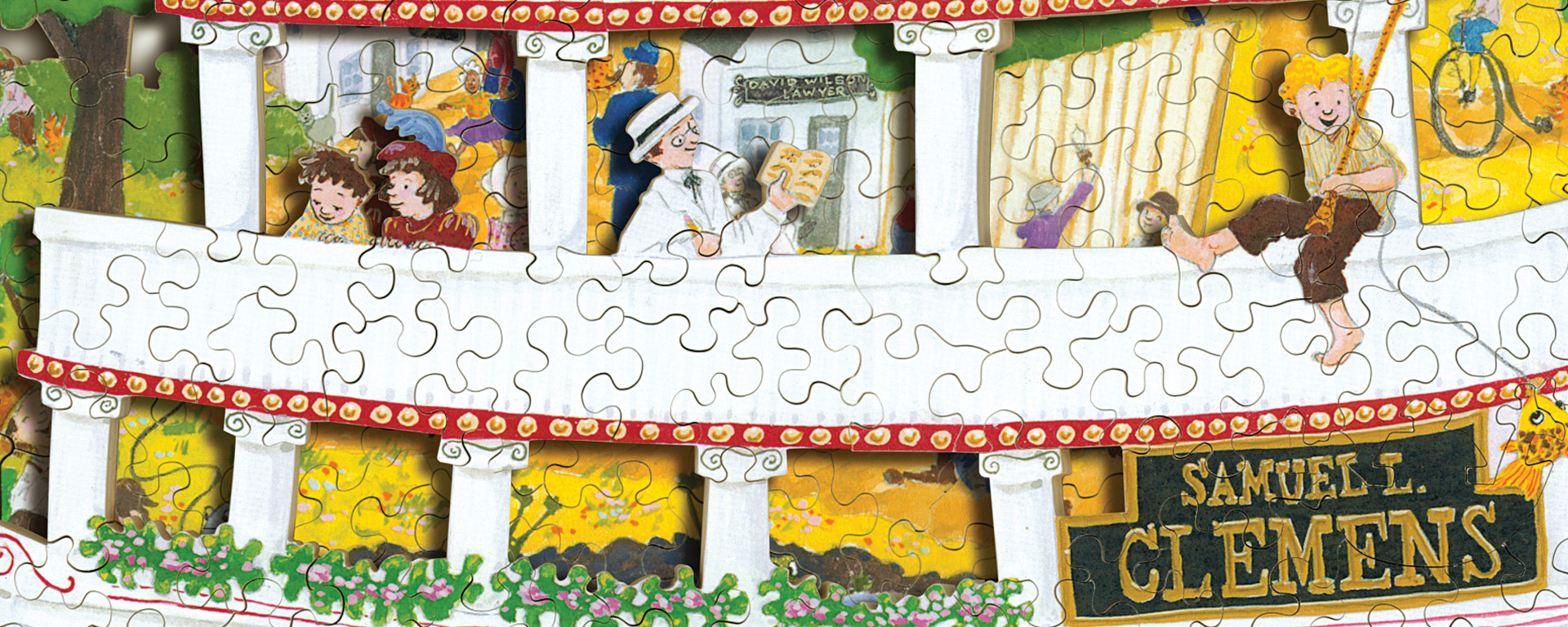 Wooden limited edition riddle puzzle featuring a steam boat filled with people doing various activities. The boat has Samuel L. Clemens on the side.