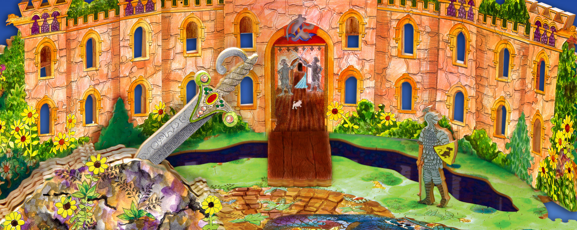 Wooden limited edition trick puzzle featuring knights at Stavely Castle and the sword in the stone.