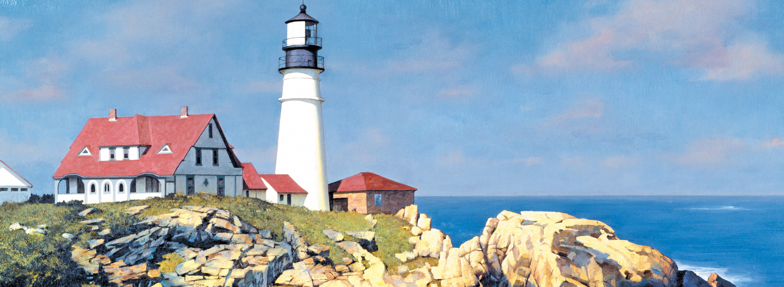 Wooden lighthouse jigsaw puzzle featuring a lighthouse against an blue and pink sky situated on the rocky coastline.