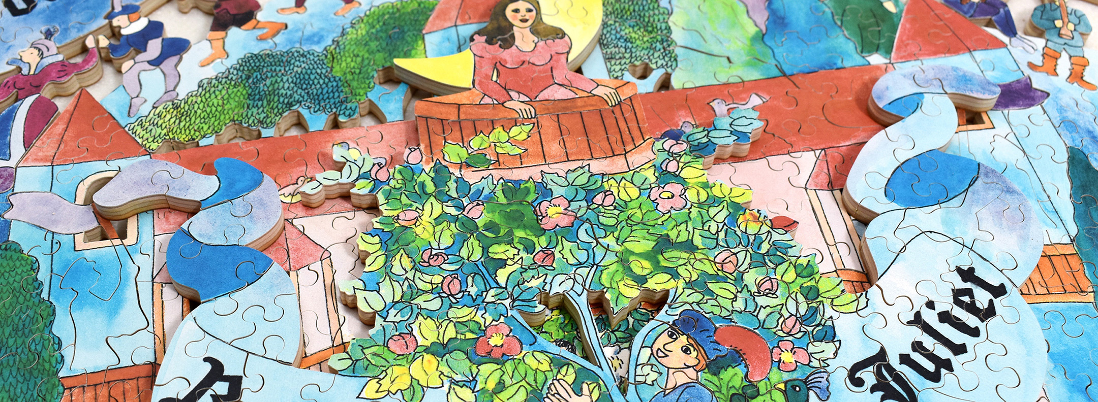 Wooden jigsaw puzzle depicting a woman in the forest surrounded by woodland animals and flowers and an old woman offering her an apple.