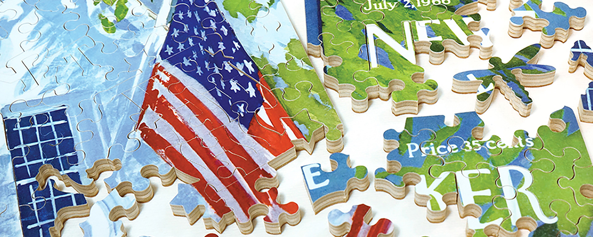 Wooden New Yorker cover art puzzle in progress featuring an American flag.