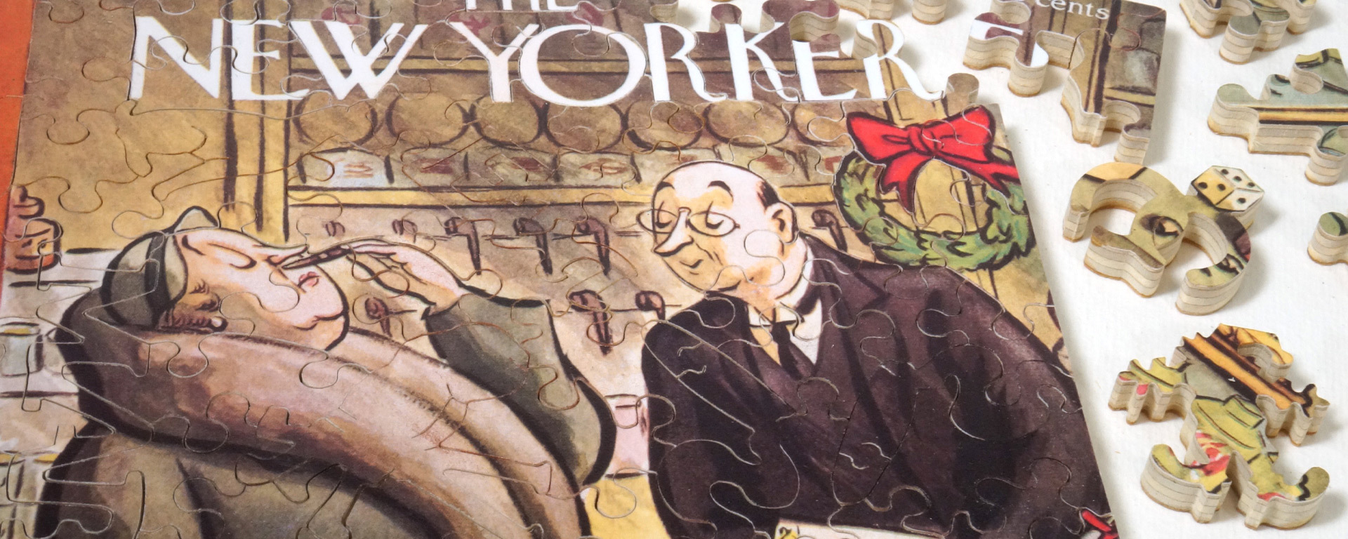 Wooden new yorker cover art puzzle in progress featuring a women in a fur coat smelling a cigar at the store with the salesman waits patiently next to her.