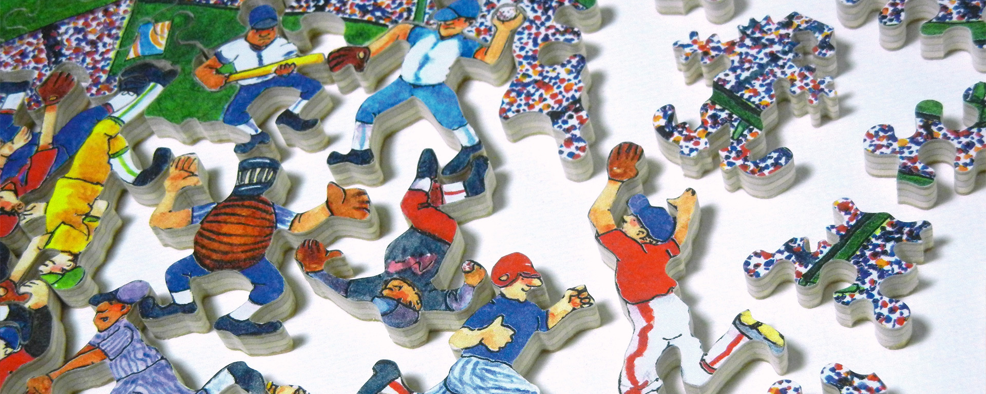 Wooden jigsaw Father's Day puzzle of a baseball stadium full of spectators and the middle is filled with baseball players in various poses.