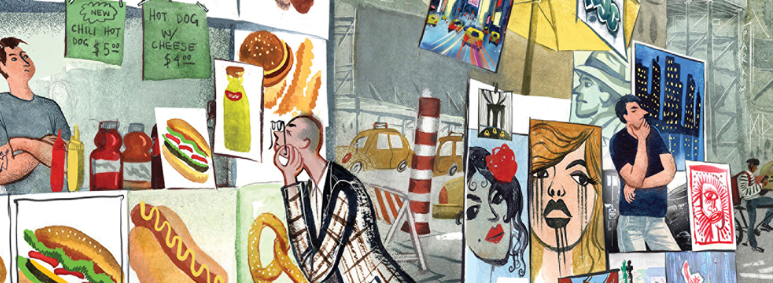 two cowboys looking at collection paintings of western scenes in artist studio