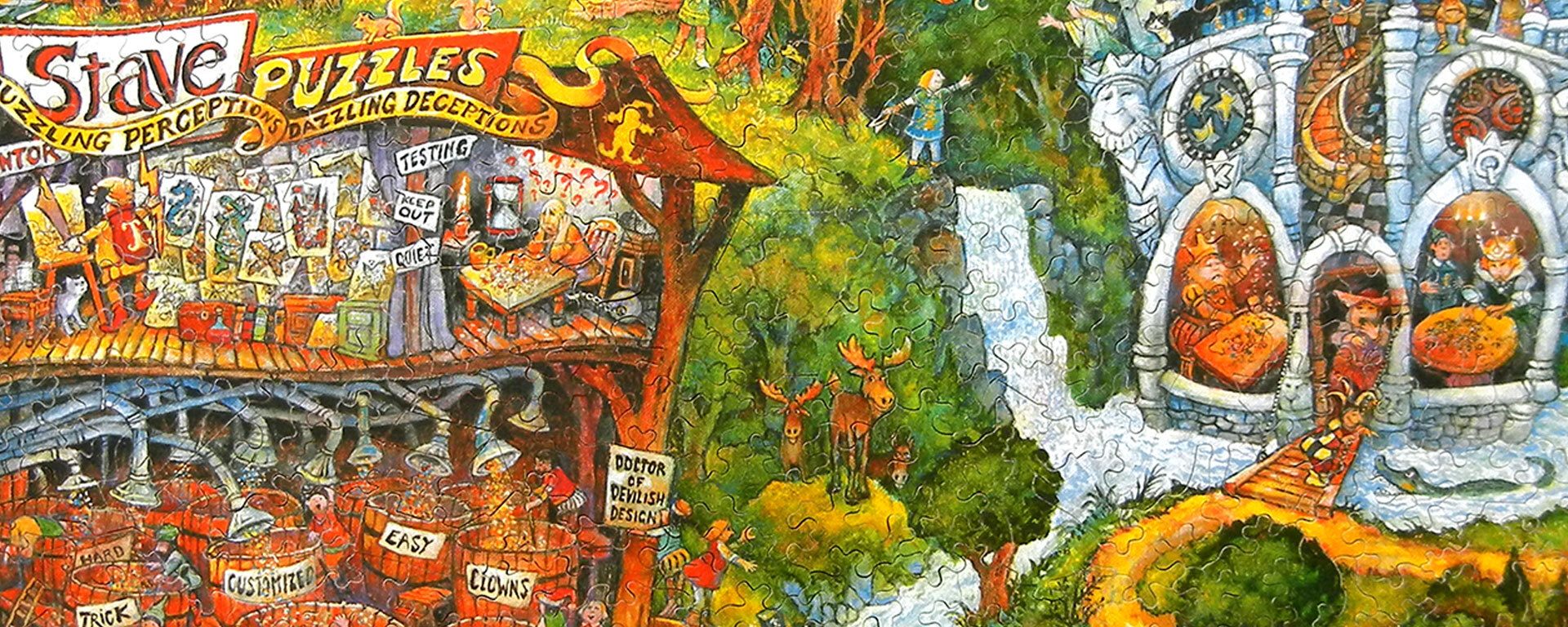 Wooden medieval puzzle depicting a medieval times Stave Puzzles factory where there are barrels of different whimsy shaped pieces and the king and queen are puzzling in the castle.