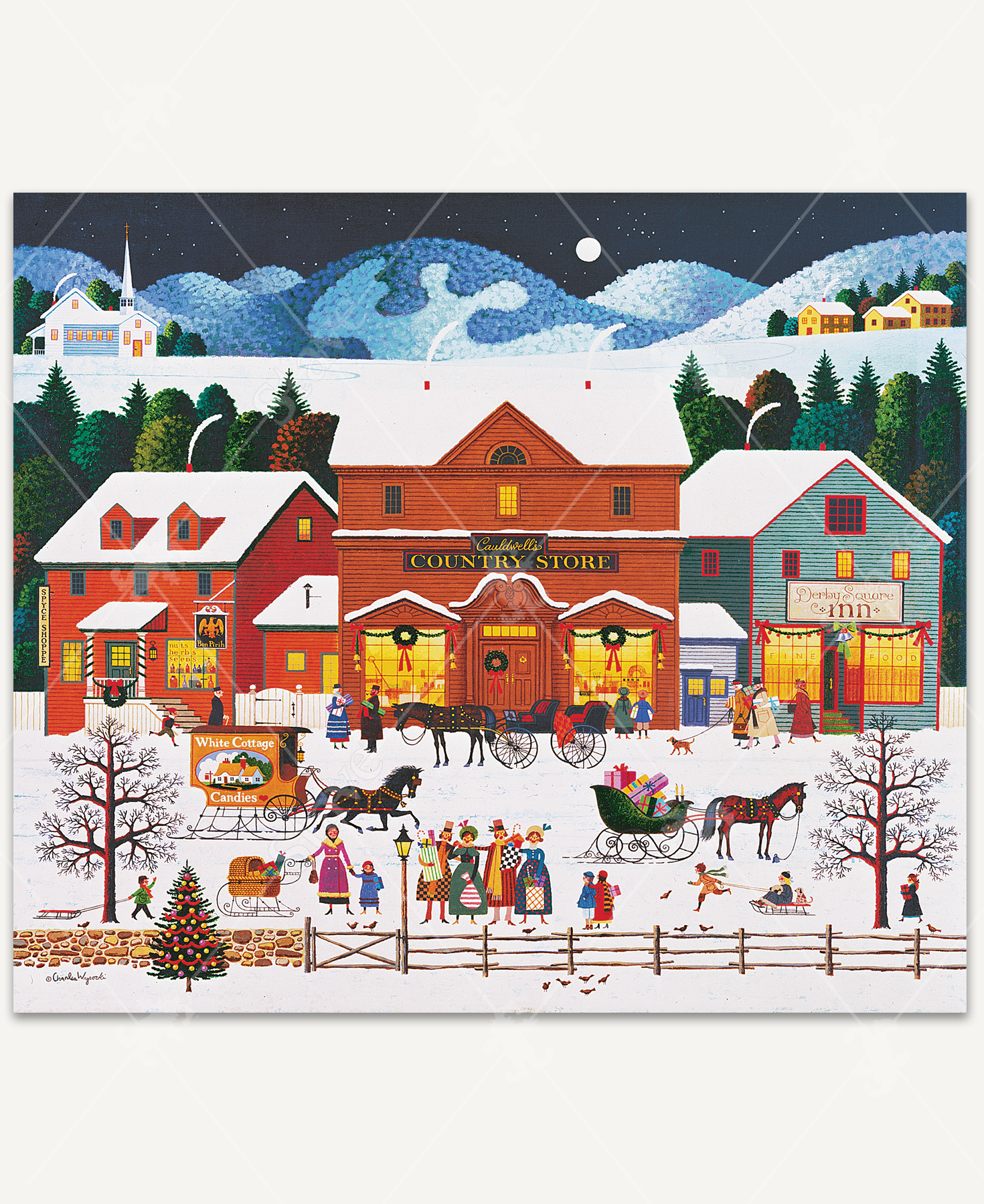 A nostalgic winter village scene featuring Cauldwell's Country Store by Charles Wysocki. The central store is flanked by snow-covered buildings with glowing windows, festive wreaths, and bustling activity. Horse-drawn sleighs carry gifts, and townsfolk dressed in vintage attire sing carols, shop, and play. A decorated Christmas tree stands in the snow, with snowy hills and a full moon in the background.