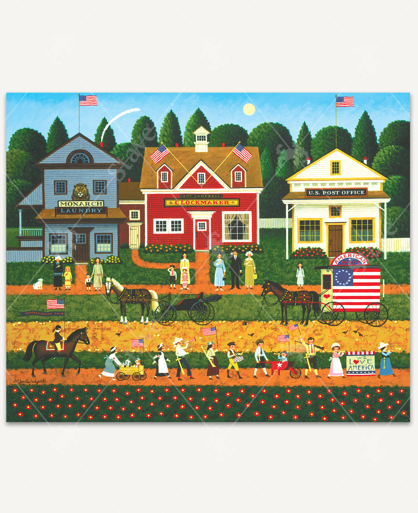 Children marching in a patriotic small-town parade with American flags, wagons, a drummer, and a child riding a horse. Two girls carry a “We Love America” banner while families watch from across the street.