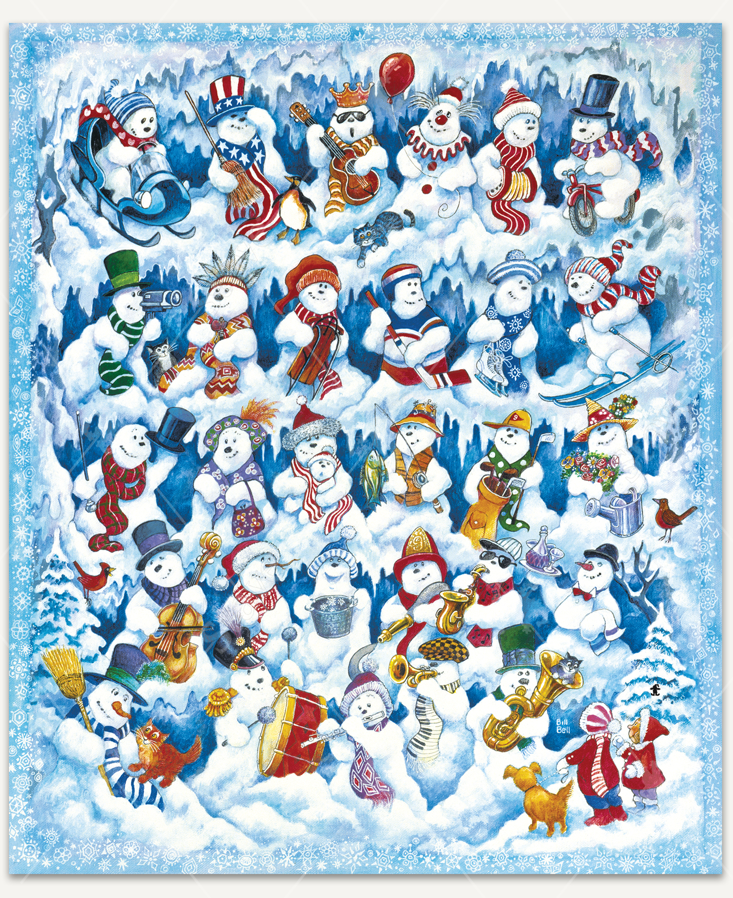 A whimsical winter scene featuring various snowmen engaged in fun activities like biking, playing instruments, fishing, and playing hockey. In the corner, a group of snowmen, including two children and a dog, look on joyfully. The scene is cheerful and playful, capturing the festive spirit of winter, created by artist Bill Bell.
