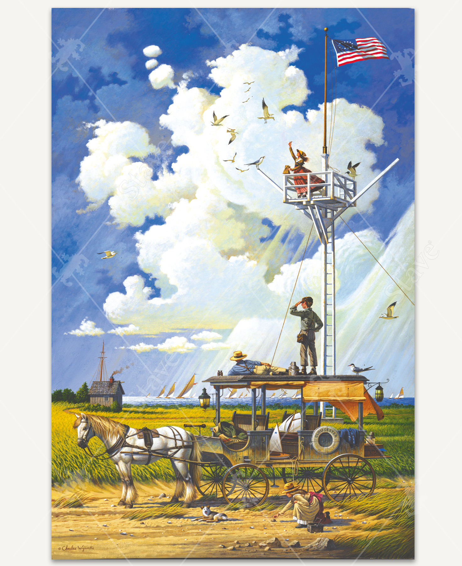 Sun-soaked seaside scene of a horse-drawn wagon by dune grass with two boys on top, a girl collecting seashells nearby, and another feeding seagulls from a watchtower.