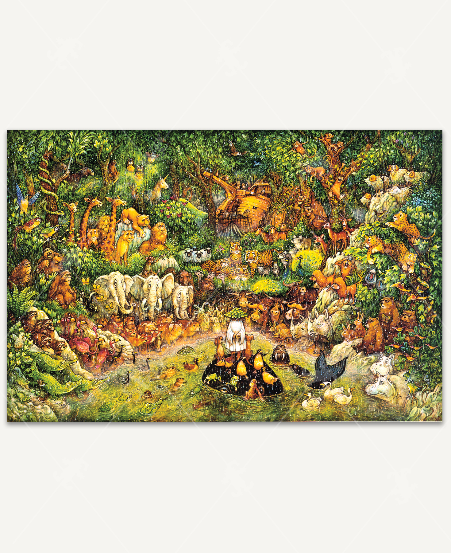 Noah's Dilemma wooden jigsaw puzzle features Noah standing on a whale surrounded by a variety of animals on shore as it rains. Between the trees in the background is a boat that is being built.