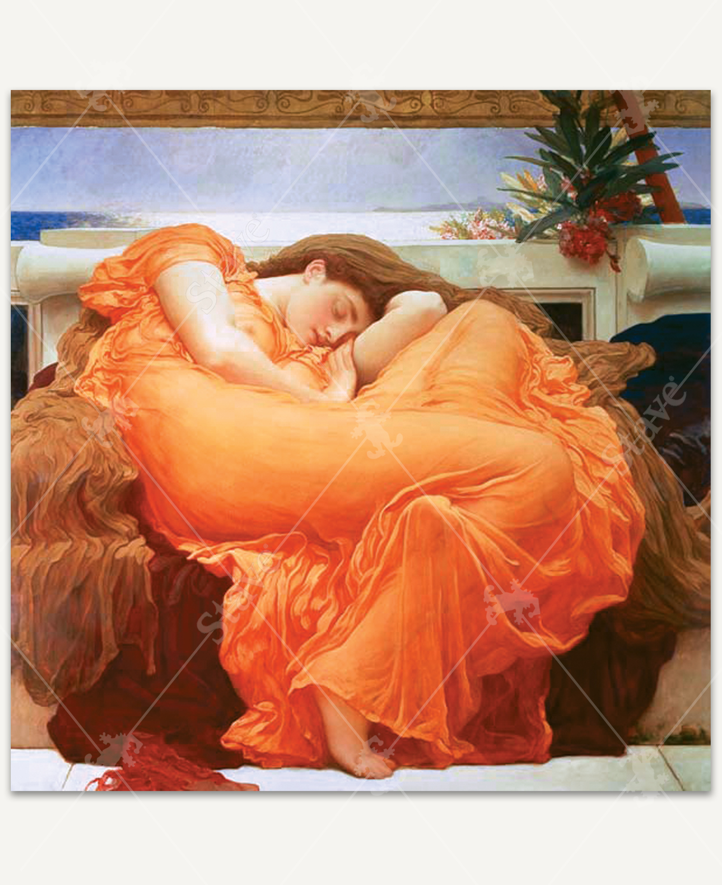 A woman in a flowing, sunset-orange gown sleeps peacefully, curled on a stone bench beneath golden sunlight. Behind her, blossoms rest nearby, and the distant sea shimmers under a tranquil sky.