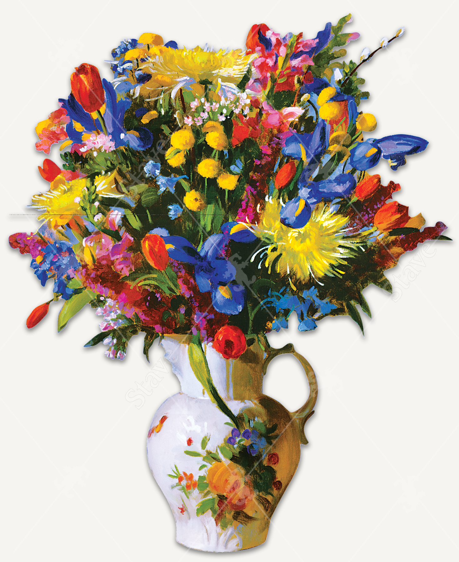 A vibrant floral arrangement of tulips, irises, chrysanthemums, and other blooms on display in a decorative pitcher with an elegant floral design.