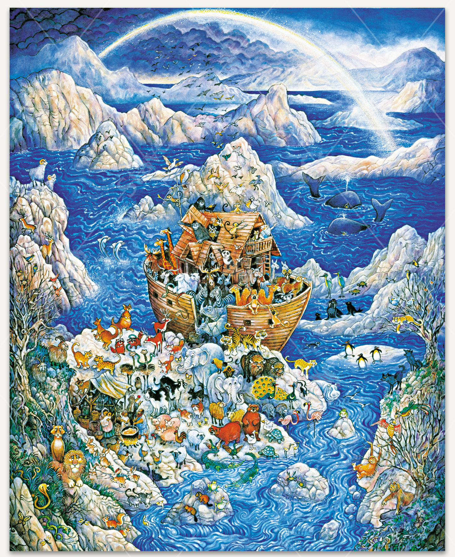 Noah's Ark So Plentiful wooden jigsaw puzzle unveils a variety of animals getting off of Noah's ark. The background is the ocean with scattered rock formations and a rainbow stretching across the sky in front of dark storm clouds. A family can be seen welcoming the animals, as they stand by their shelter on the rocks and cooking on a fire.