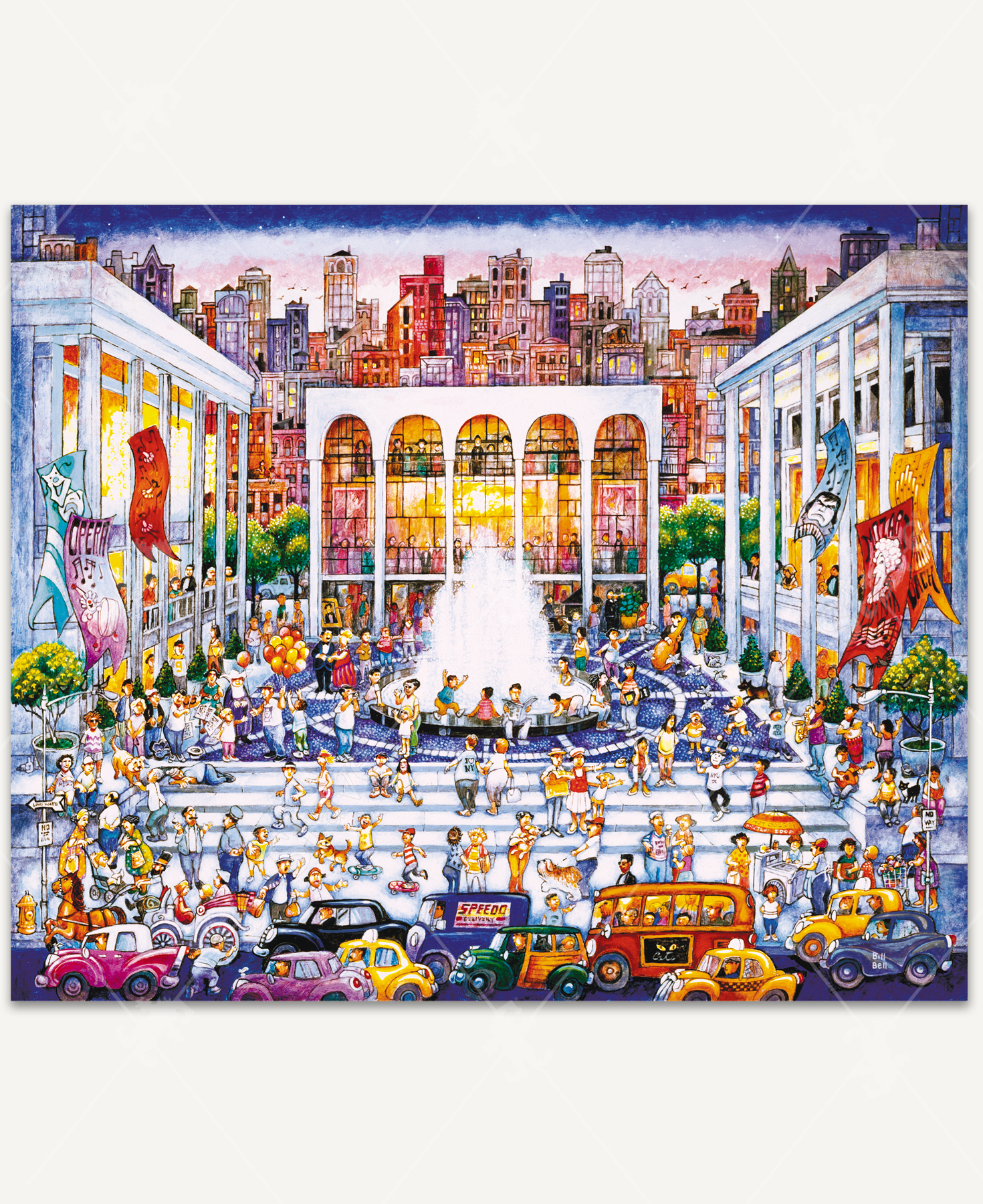 Lincoln Center wooden jigsaw puzzle captures one of the world's leading performing arts centers in New York City with three buildings positioned into a horseshoe shape. People gather in the center around a water fountain as they are entertained by people playing instruments, a mime, and a man passing out balloons. Down the concrete steps, cars sit waiting in busy New York traffic. In the background, city buildings stretch up toward the pink evening sky.