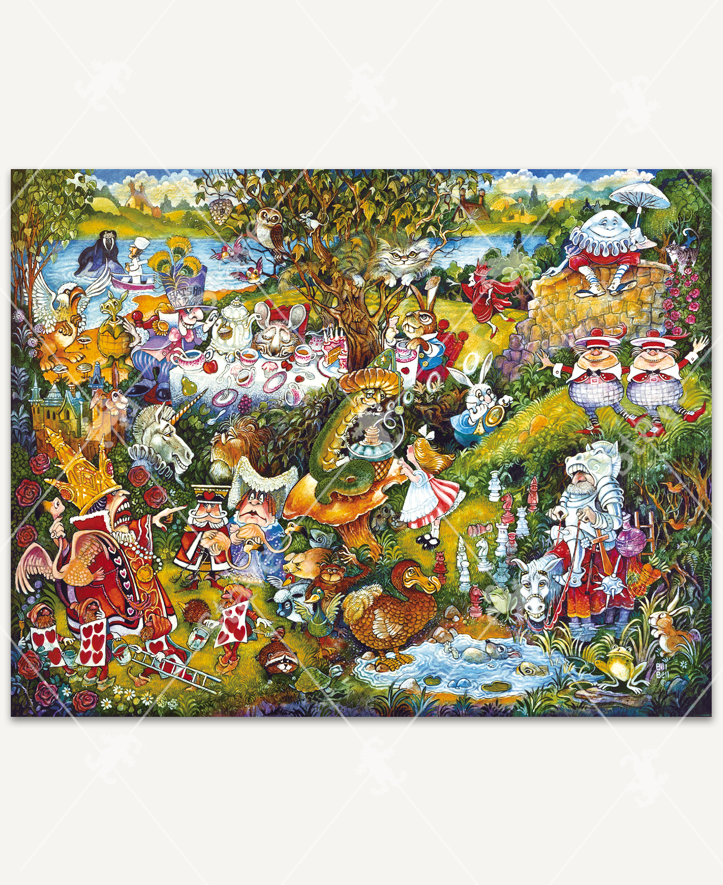 Alice In Wonderland (Queen Meets Alice) wooden jigsaw puzzle displays a collage of scenes from the classic tale of Alice In Wonderland. In the center of the image, Alice looks up at a caterpillar, who is sitting on a mushroom as he blows rings of smoke in the air. The top left corner shows a tea party with the Mad Hatter, March Hare, and Dormouse. The top right corner shows Humpty Dumpty sitting on a stone wall while holding an umbrella as Tweedledee and Tweedledum stand together posing on one foot. The bottom right corner shows a knight sitting on a horse by a pond as a mouse floats in the water. The bottom left corner shows the Queen of Hearts pointing and yelling as she plays croquet with her flamingo mallet and hedgehog ball.