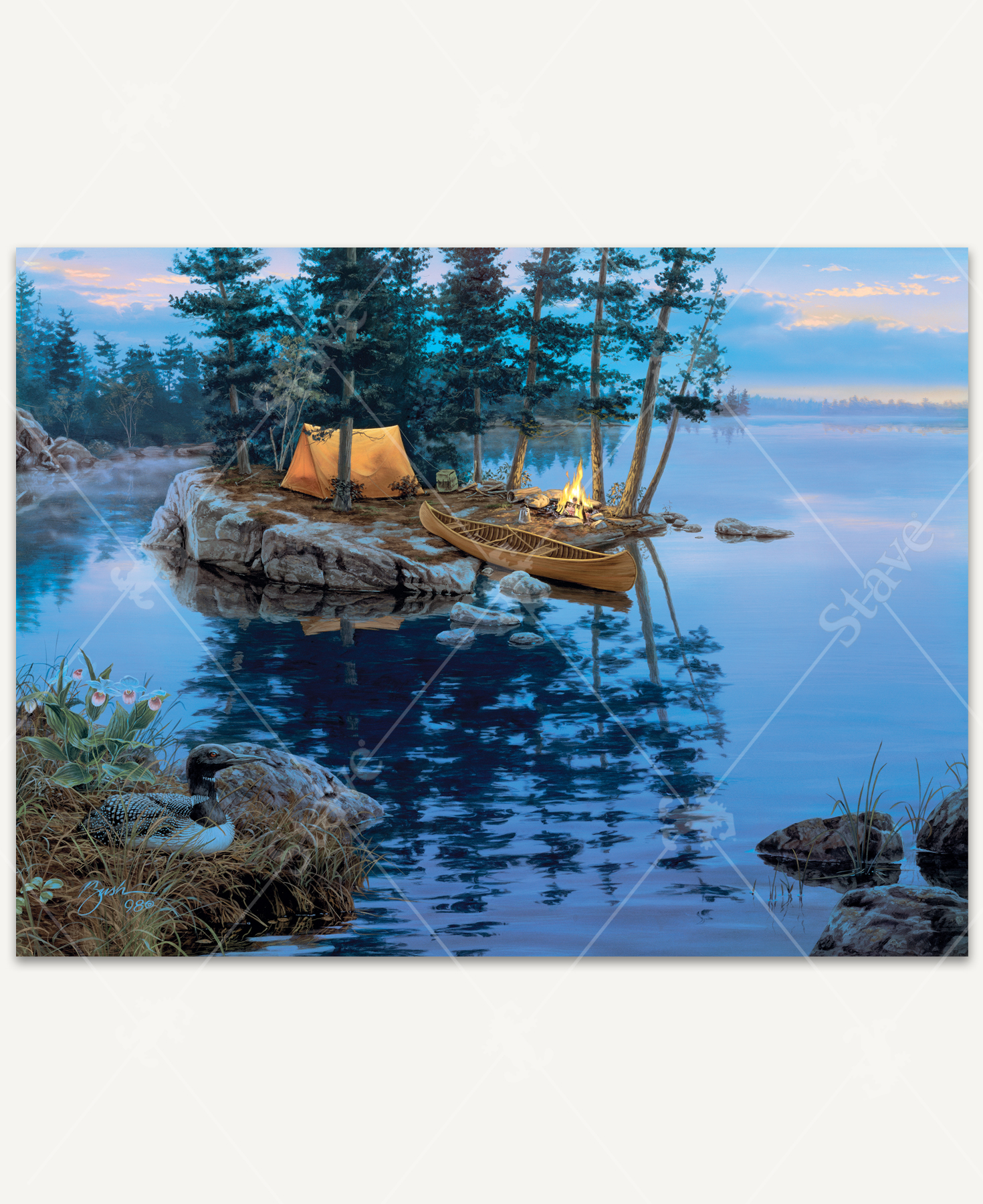 Breath Of Spring wooden jigsaw puzzle presents a camp site set up on a little island on a lake. A yellow tent glows between the trees as a fire blazes near a canoe parked along the shore. The pastel sky reflects off the water as the sun disappears behind the clouds. A duck nestles in the grass for a nights rest.