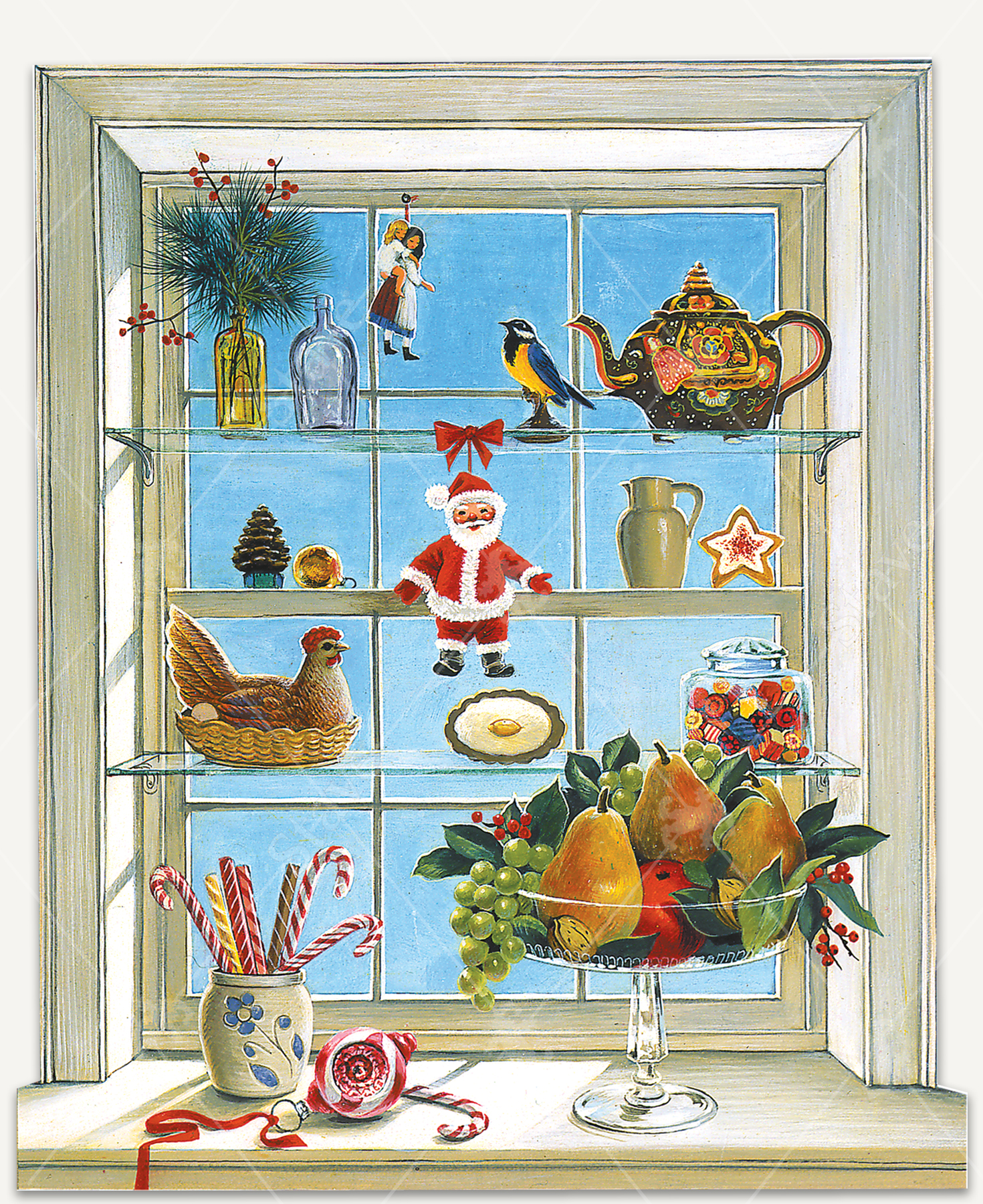 A festive Christmas window scene by Charlotte Joan Sternberg featuring shelves decorated with a Santa ornament, a jar of colorful candies, a teapot, and figurines. A glass bowl of fruit with holly sits in front of the window, alongside a vase filled with candy canes. The clear blue sky outside provides a serene backdrop to this cozy holiday display.