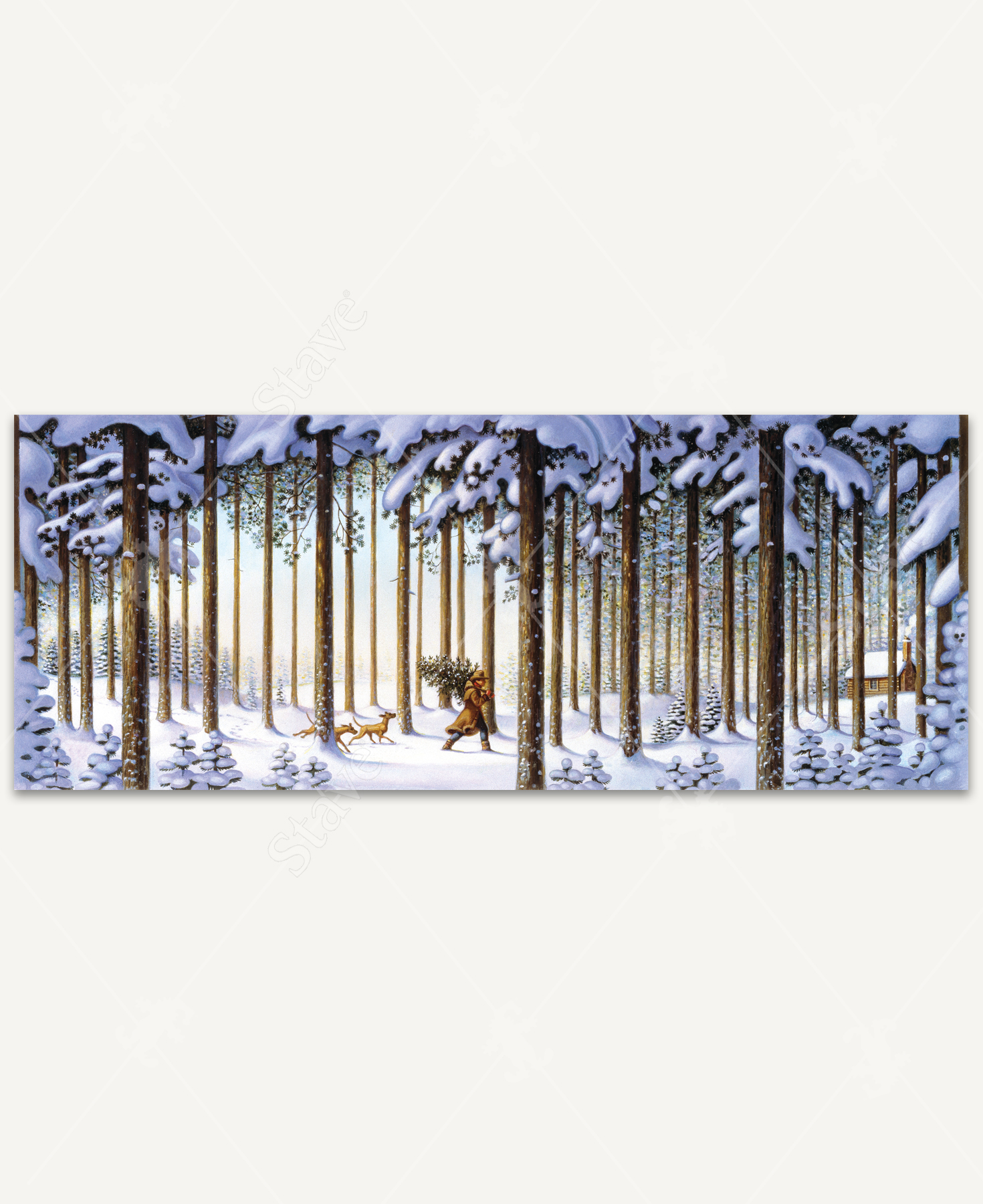 Winter Scene Man With Tree wooden jigsaw puzzle presents a man carrying a pine tree over his shoulder through the snow covered woods with his two dogs traveling behind. A warm cabin hides behind the trees in the distance.