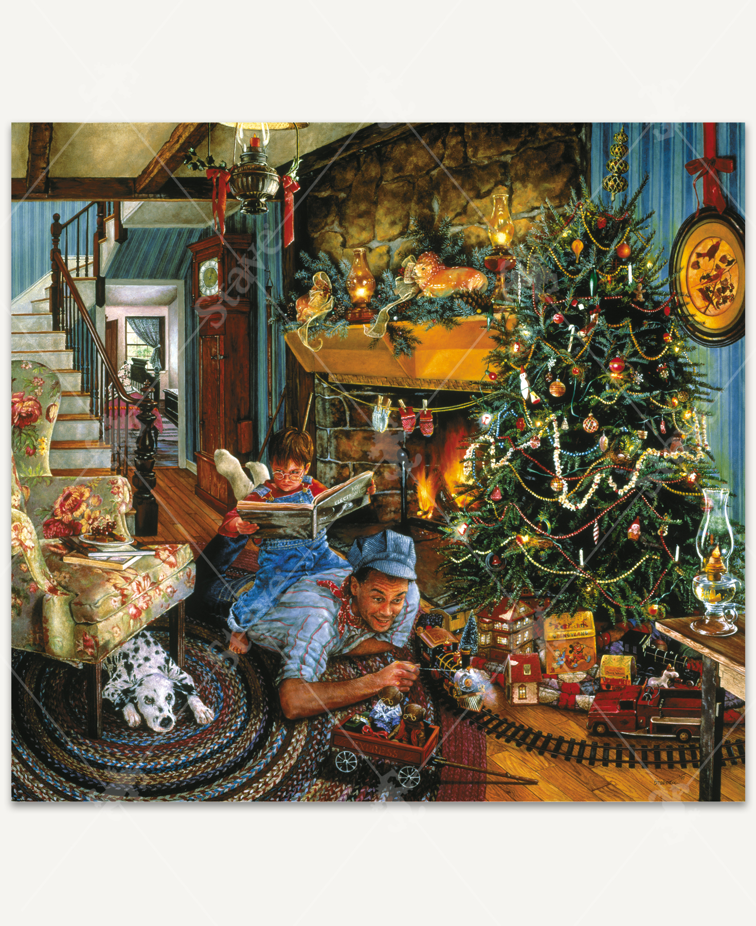 Puzzle featuring the artwork Christmas Train by Susan Brabeau, portraying a father playing with a toy train, a son reading on his back, and a dog lounging under a chair in a festive holiday living room.