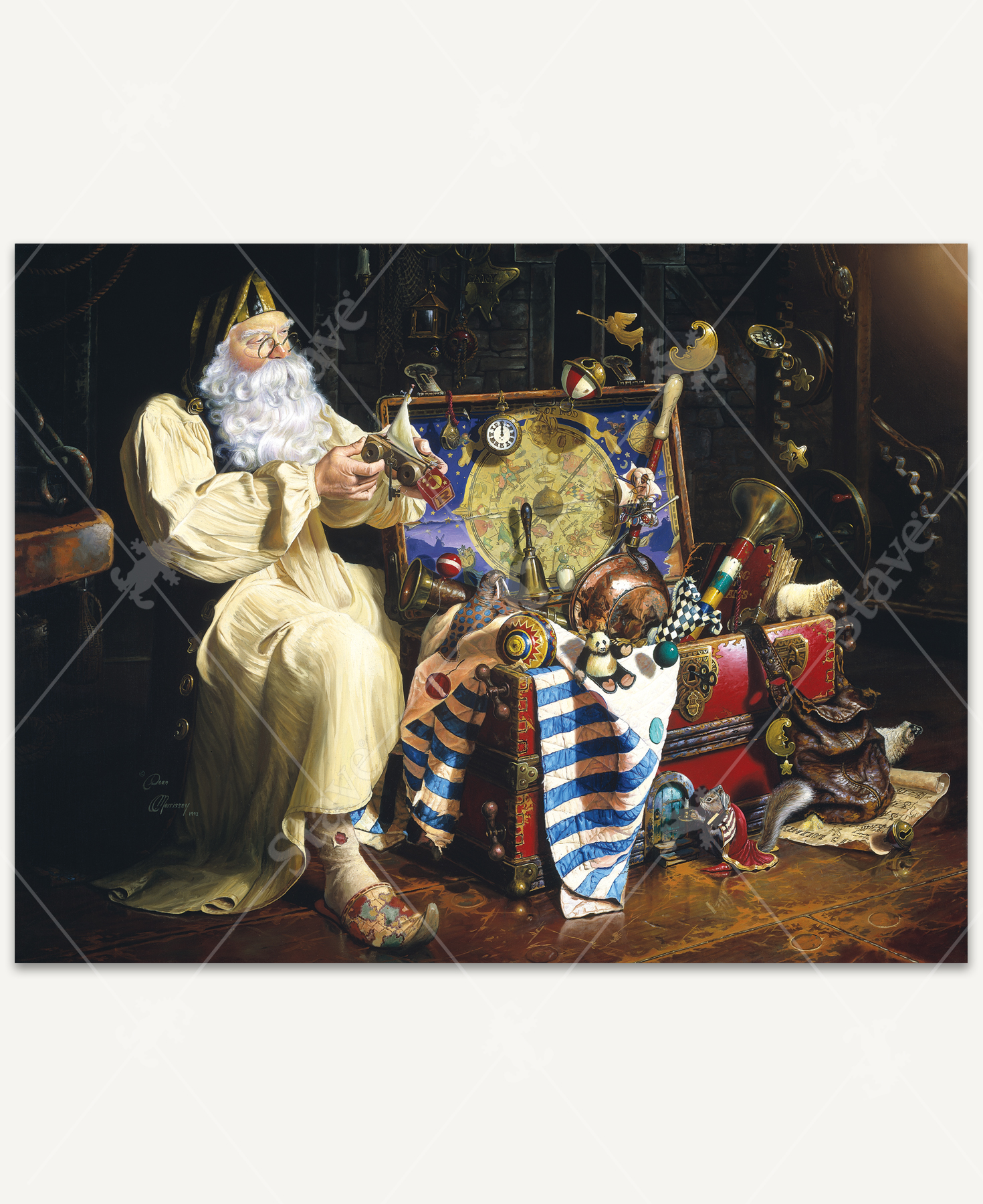 Puzzle featuring the artwork "The Dreamer’s Trunk" by Dean Morrissey, portraying the Sandman with an overflowing chest of bells, horns, clocks, books, and toys in a magical nighttime setting.