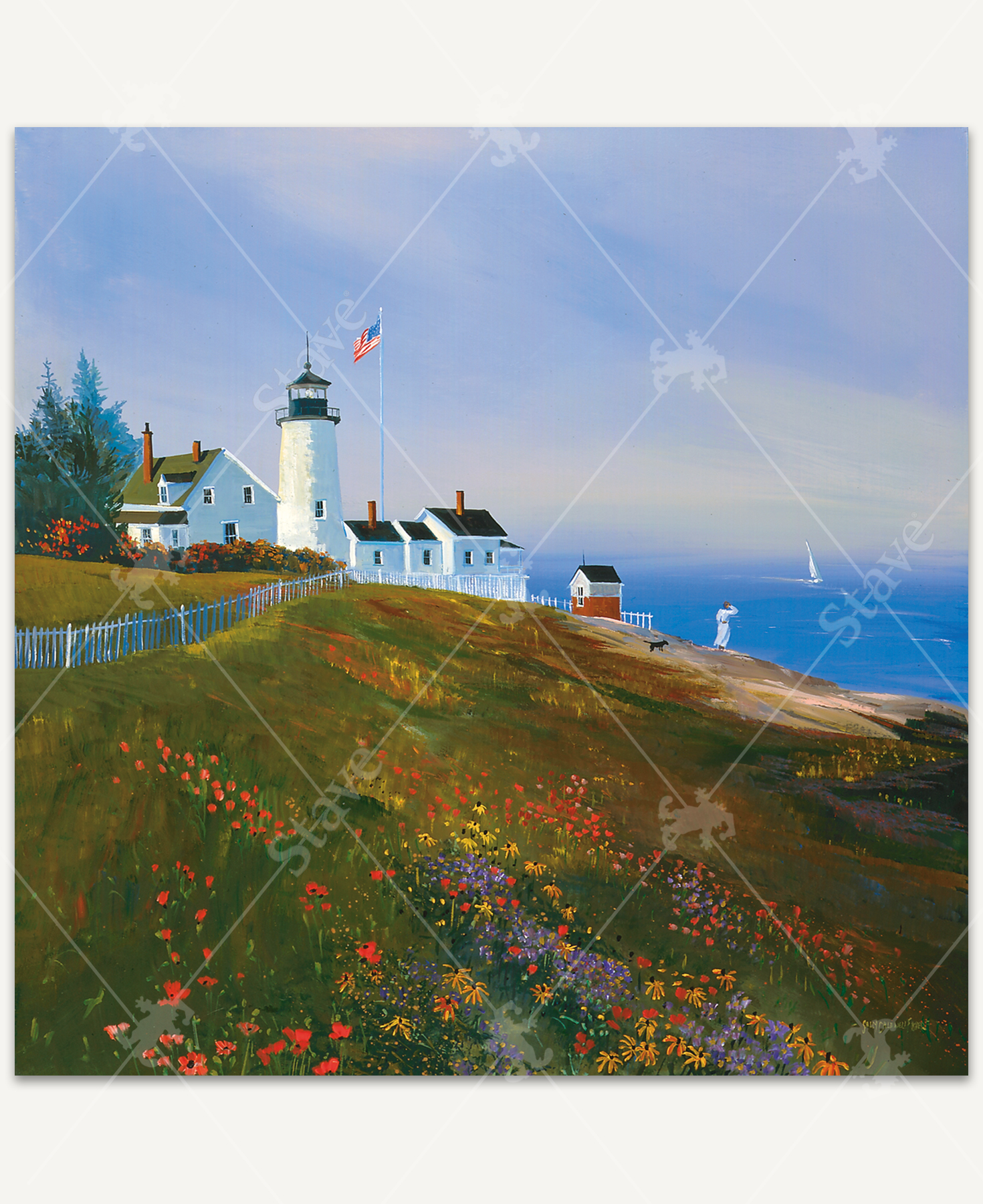 September Lighthouse wooden jigsaw puzzle captures a summer scene of a lighthouse, where a lady and her dog look out at the blue ocean as a sailboat makes its way toward the shore. The land surrounding the lighthouse is blossoming with colorful wildflowers that follow along the white picket fence.