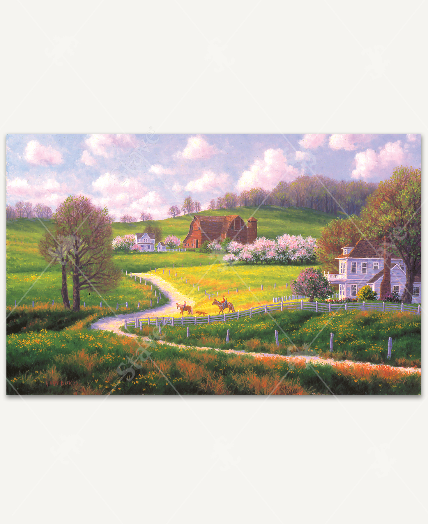 Sunday Ride wooden jigsaw puzzle presents a spring scene on a farm, where a family can be seen riding horses as their dog follows along. There is a farmhouse at the bottom of the image, as viewers follow along the dirt path next to a white fence, it leads to another farmhouse with flower bushes and a barn in the center. Wide open fields surround the property and trees following along the top of the hill's horizon line. Pink fluffy clouds fill the sky above.