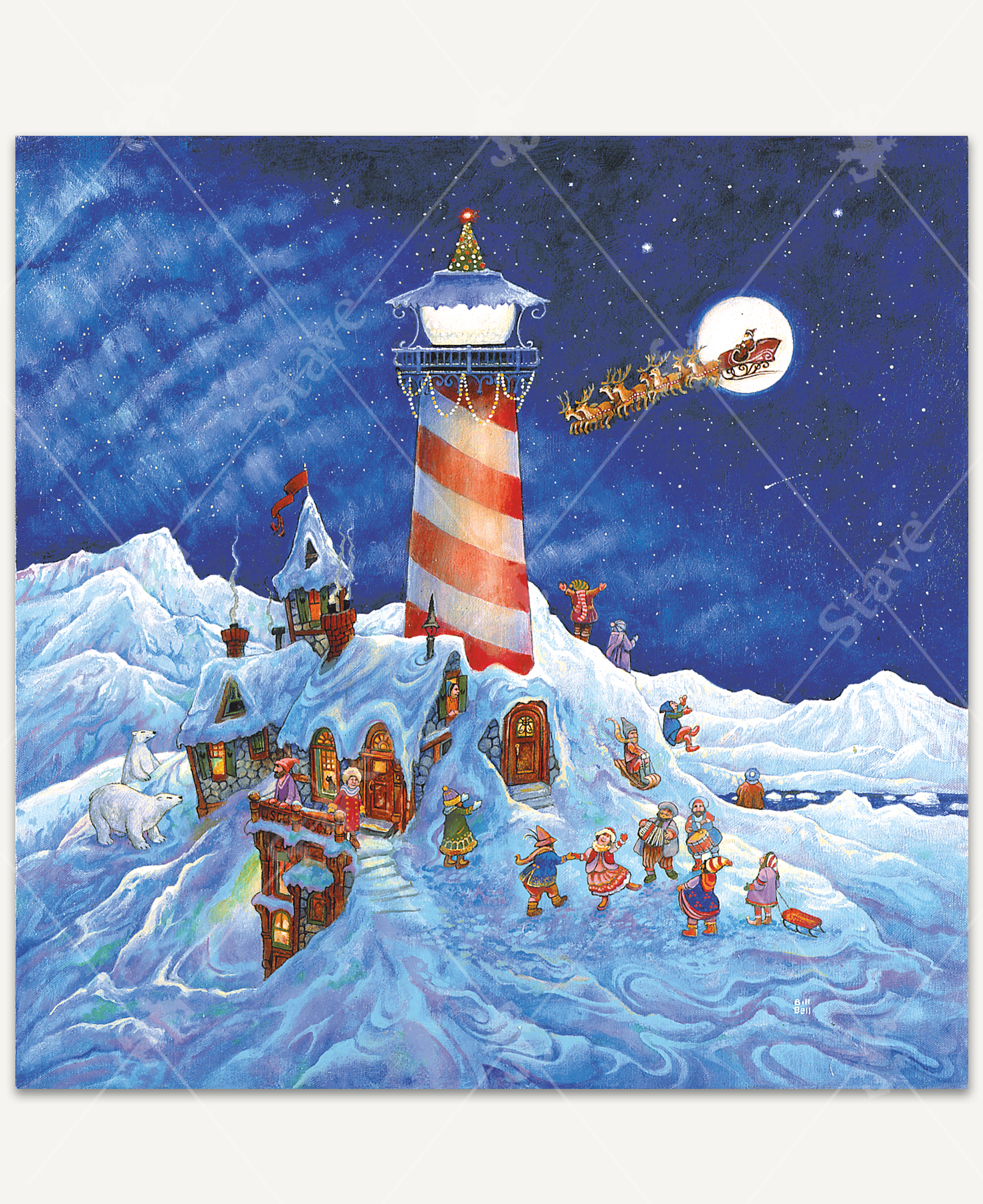 Puzzle featuring the artwork "Santa’s Light" by Bill Bell, portraying a snowy mountain with a lighthouse, a Christmas tree on top, Santa’s sleigh flying overhead, and people dancing and playing instruments alongside polar bears.