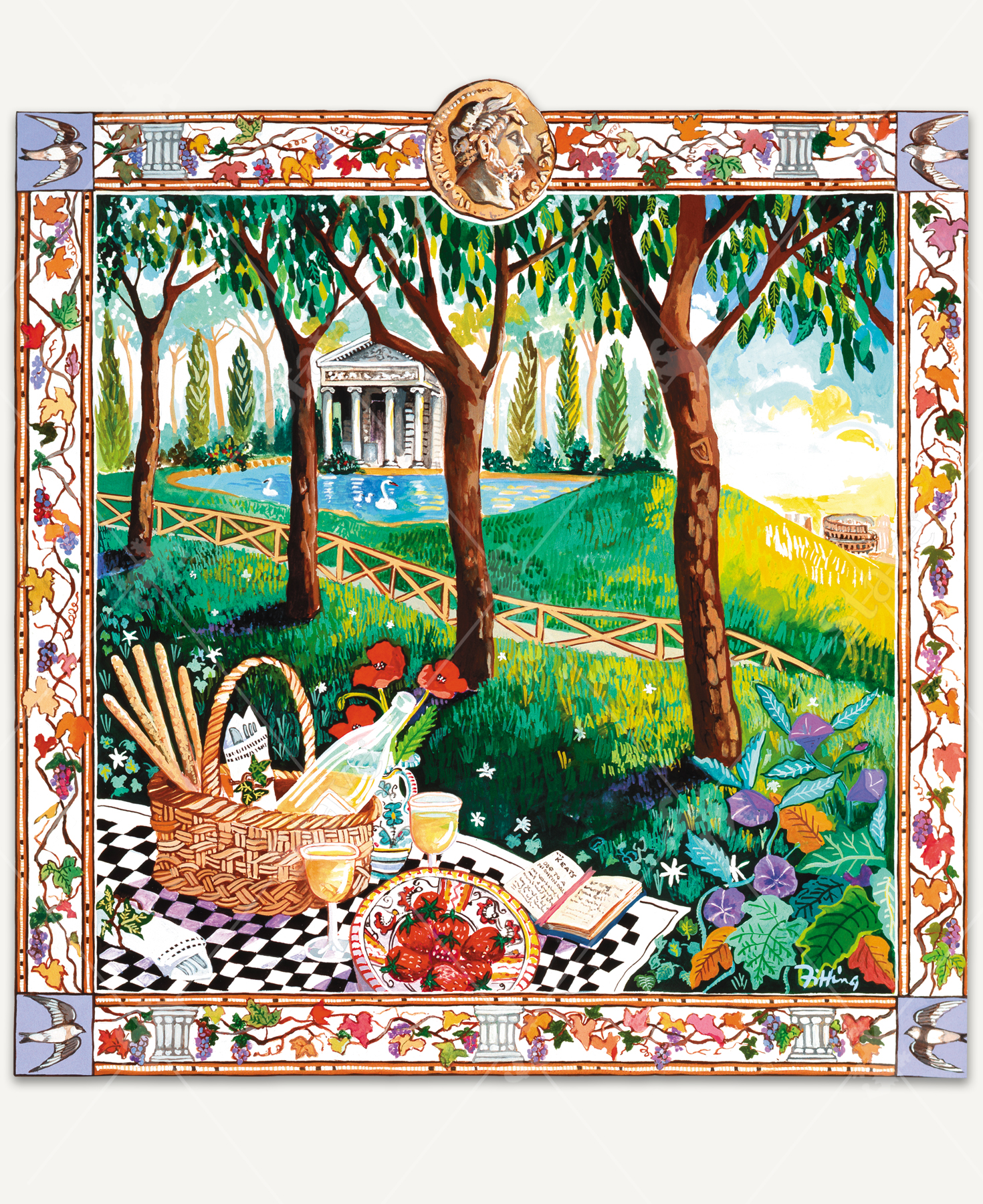 Rome picnic wooden jigsaw puzzle captures a picnic basket full of wine and breadsticks sitting next to a plate of strawberries on a checkered blanket on the grass. Behind a line of trees, a Roman temple and a pond with swans sits at the top of a hill. Running parallel to the trees, a pathway down the hill leads to the Colosseum in the distance. Grape vines and birds form a frame around the scene, where there is a Roman God at the top.