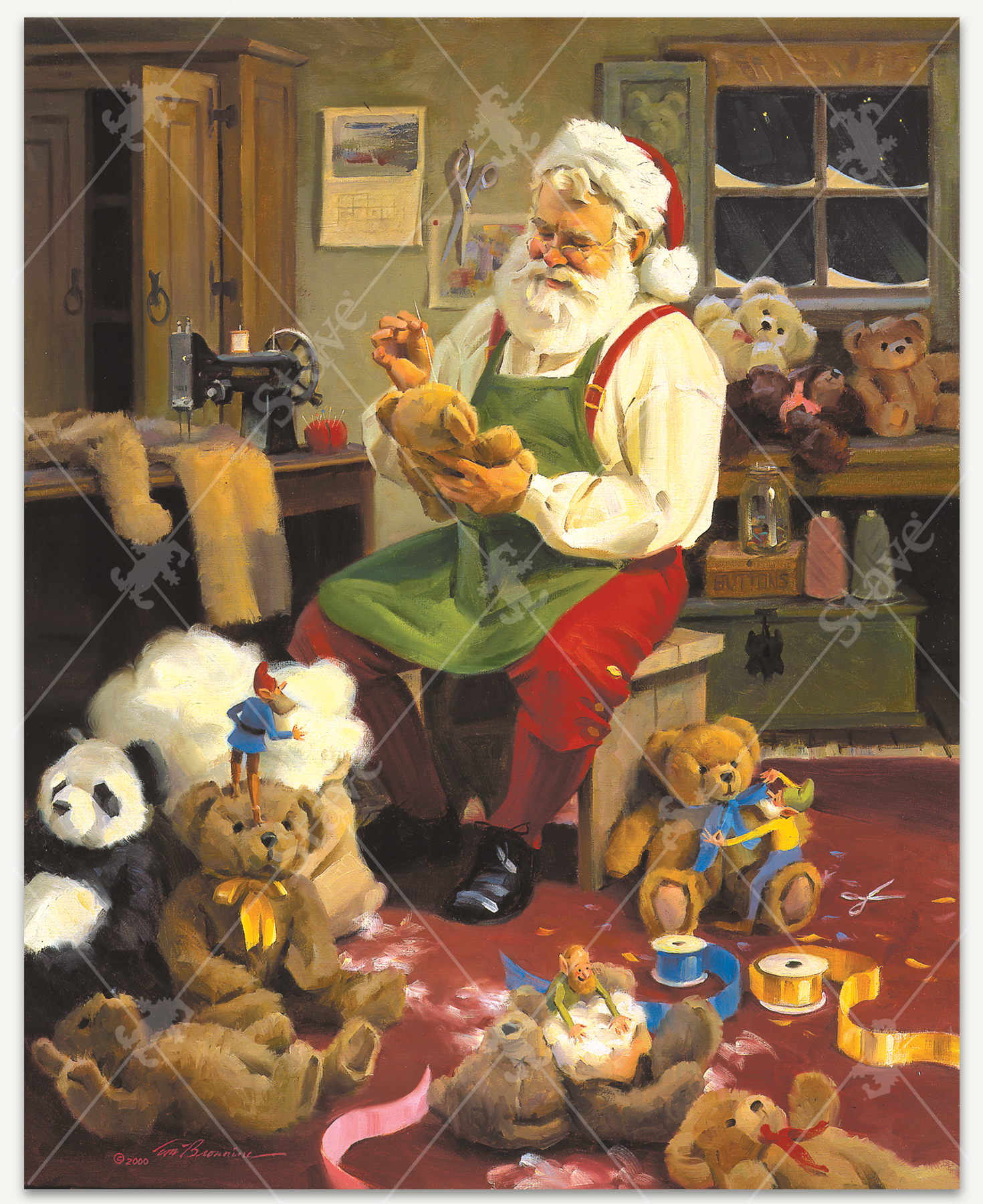 Bearly Christmas wooden jigsaw puzzle shows Santa Claus sitting at a sewing machine as he hand sews a teddy bear. Teddy bears, ribbon, and stuffing sit on the floor next to Santa's workstation. Three tiny elves tie bows and put stuff inside the teddy bears.