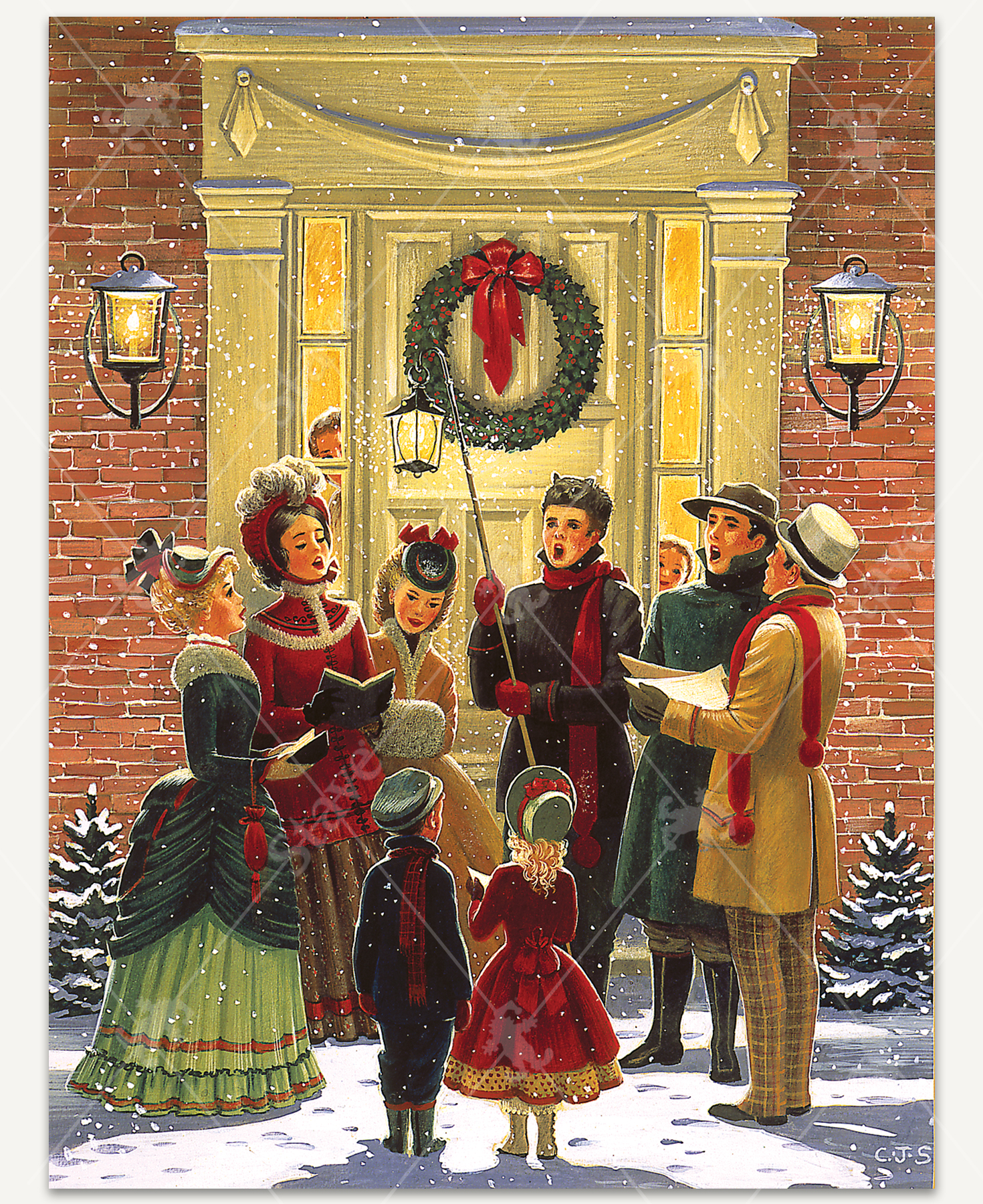 Puzzle featuring the artwork "Carolers at the Doorway" by Charlotte Joan Sternberg, portraying six adults and two children singing outside a warmly lit doorway, with one holding a lantern and people inside peeking through the narrow windows to listen.