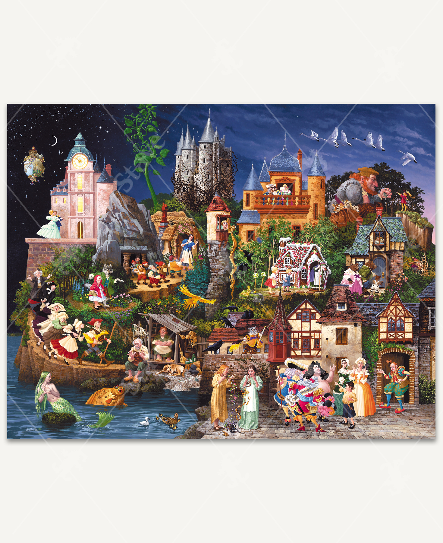 Faery Tales wooden jigsaw puzzle exhibits a village of fairy tale characters – Little Red Riding Hood, Hansel and Gretel, Rapunzel, Puss In Boots, The Three Bears, Cinderella, and many more. Each house correlates with a particular character's story.