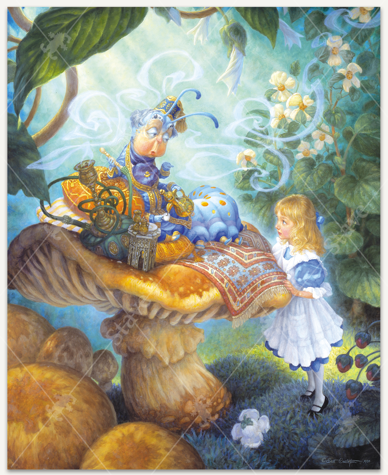 Advice From A Caterpillar wooden jigsaw puzzle illustrates Scott Gustafson's take on the story of Alice In Wonderland. Alice looks up at a caterpillar sitting on a giant mushroom as it smokes and pours itself a cup of tea. Golden Afternoon Flowers watch Alice's encounter from the background, blocking smoke with their leaves.