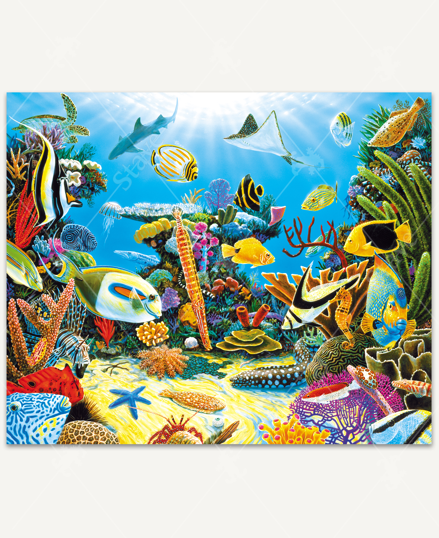 Colorful coral reef scene featuring tropical fish, a ray, and a shark swimming among vibrant corals in a sunlit underwater world.