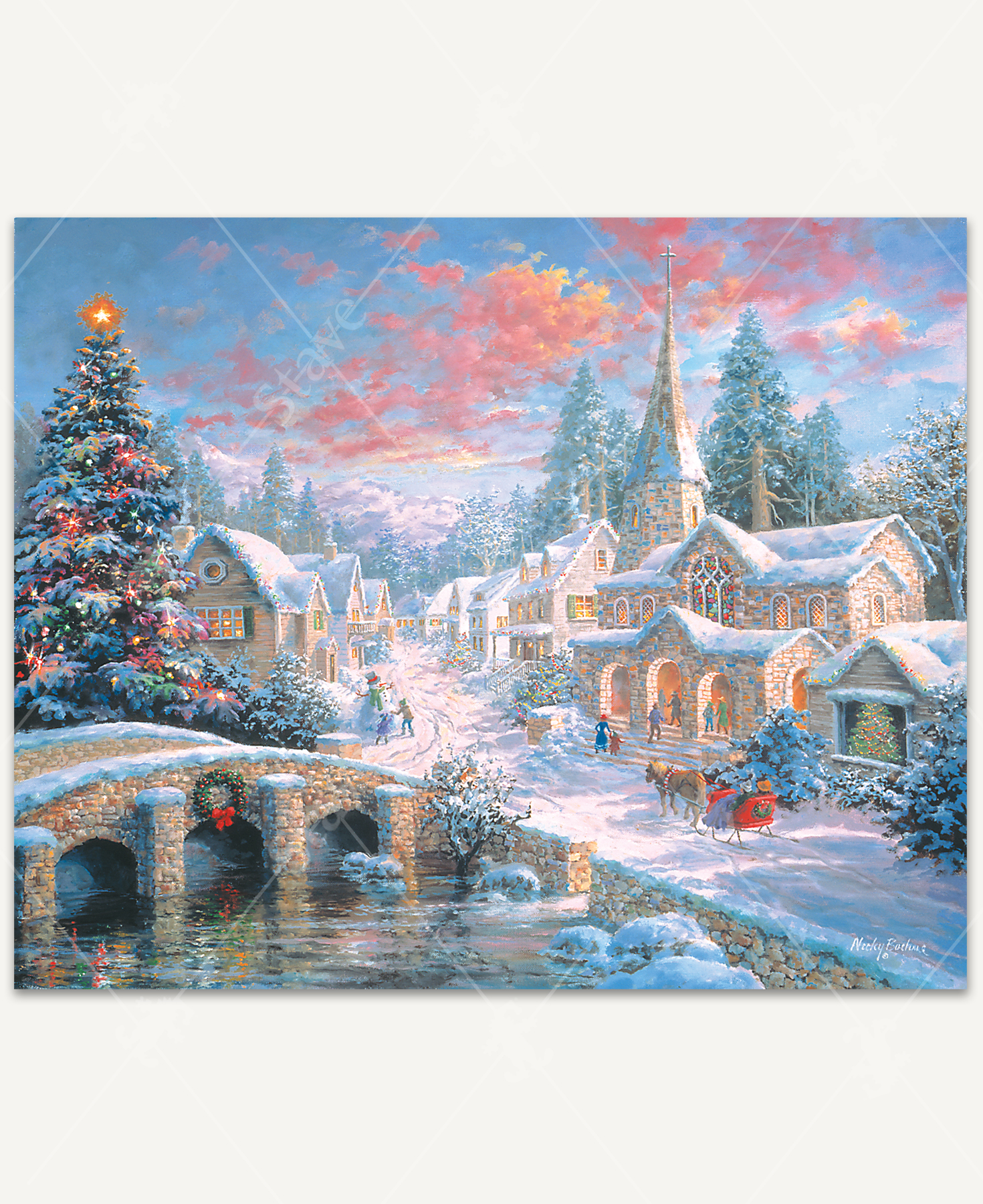 A handcrafted wooden jigsaw puzzle featuring a picturesque Christmas village by artist Nicky Boehme. The scene showcases a snow-covered town with a grand holiday tree, a stone bridge over a peaceful river, and a horse-drawn sleigh gliding toward a warmly lit church at sunset.