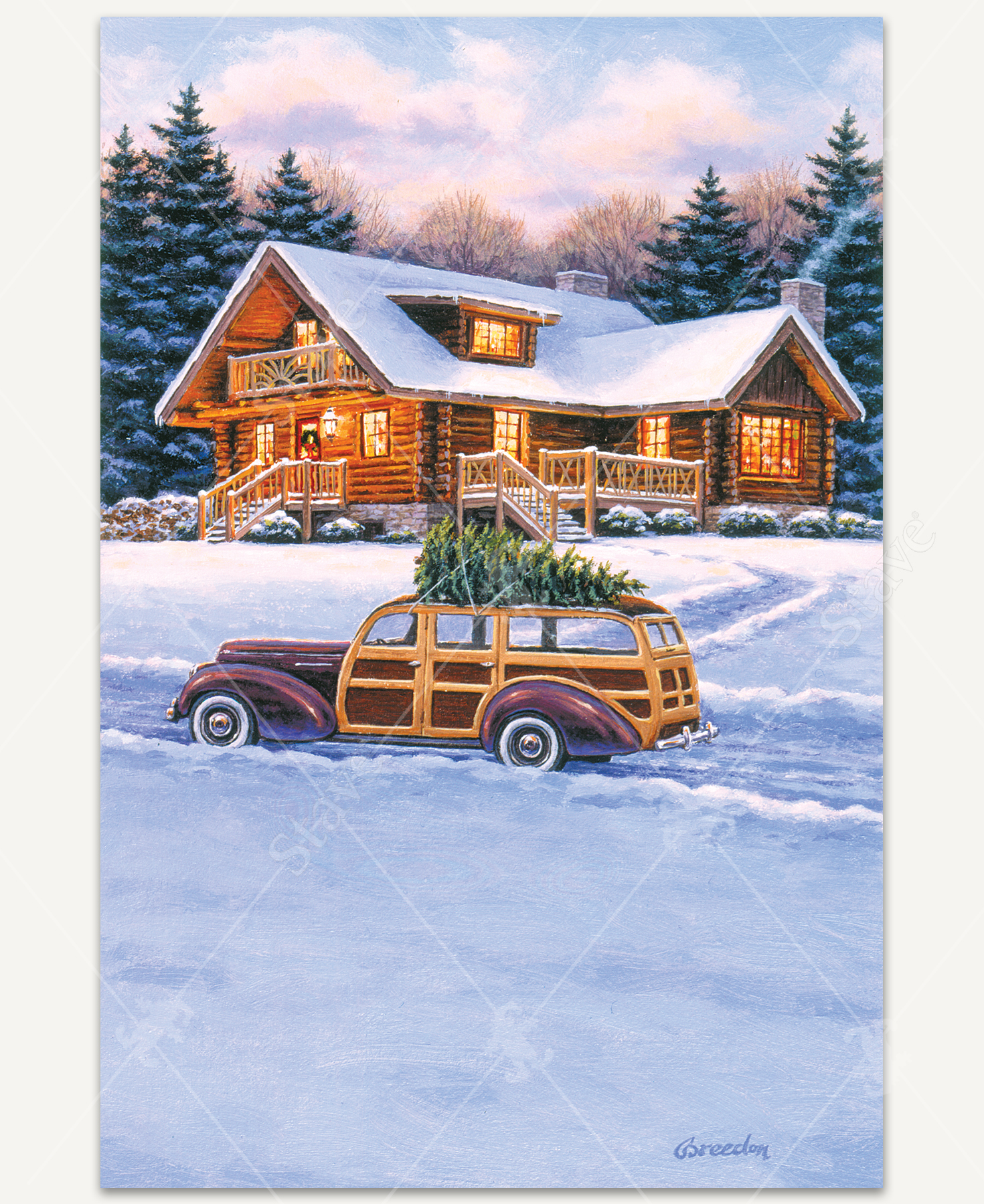 A handcrafted wooden jigsaw puzzle featuring a nostalgic winter scene by William Breedon. The image captures a classic wooden station wagon carrying a Christmas tree through deep snow toward a warmly lit log cabin, surrounded by tall evergreen trees.