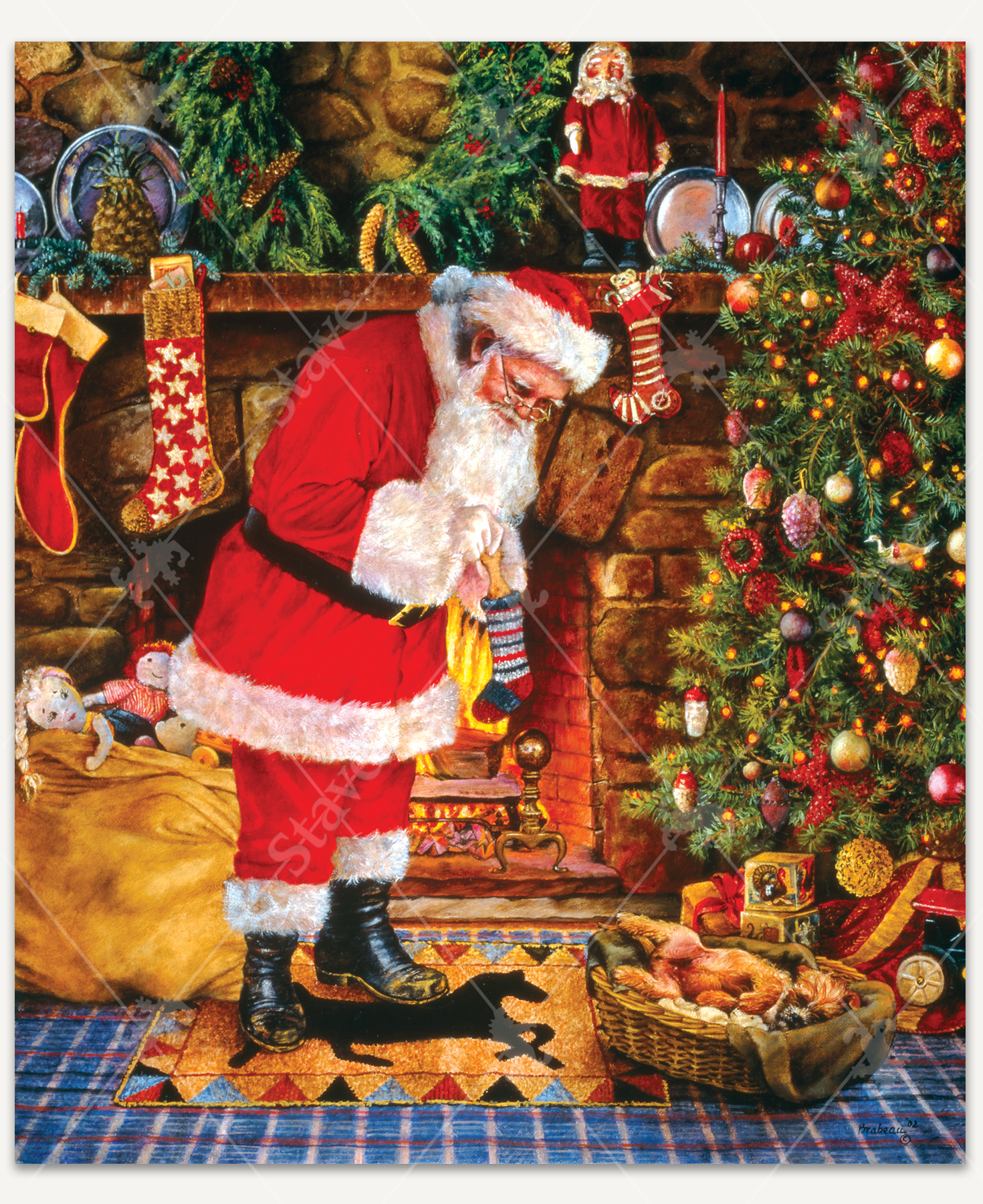 A handcrafted wooden jigsaw puzzle featuring a nostalgic Christmas scene by Susan Brabeau. The artwork captures Santa Claus filling stockings by a glowing fireplace, surrounded by a twinkling Christmas tree, a sack of toys, and a cozy basket of sleeping kittens.