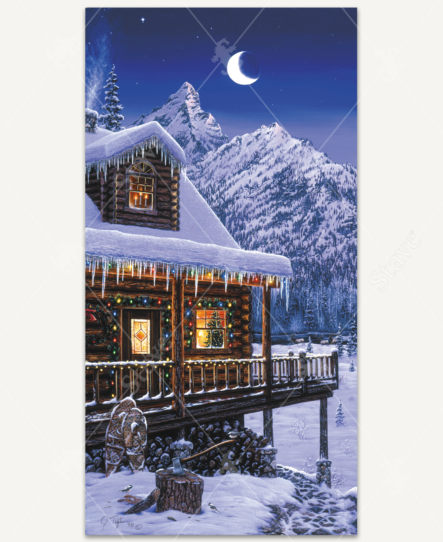 A handcrafted wooden jigsaw puzzle featuring a serene winter cabin scene by Jeff Tift. The image showcases a warmly lit log cabin decorated with holiday lights, nestled in a snowy mountain landscape under a crescent moon, with icicles hanging from the eaves.