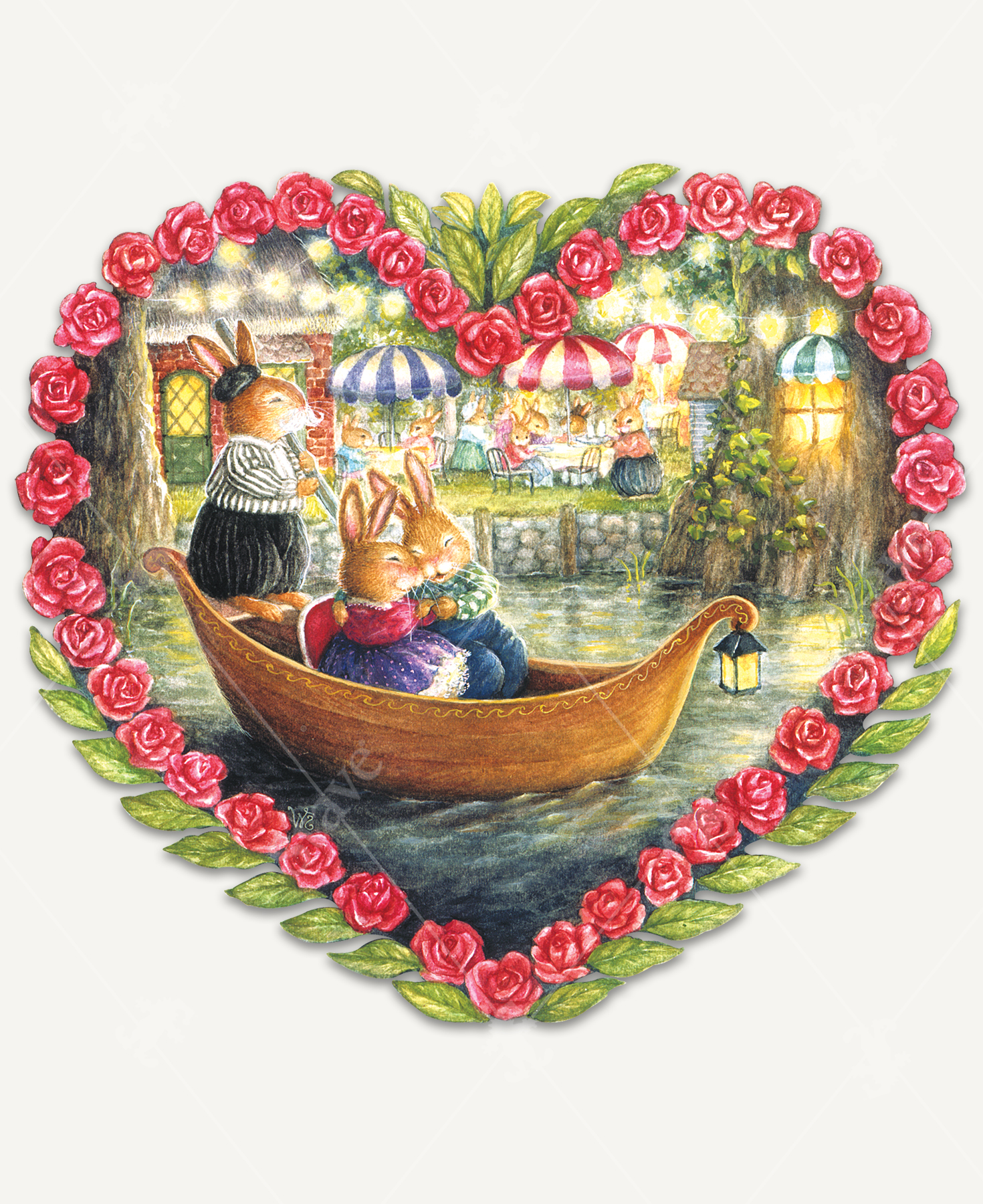 Romance In The Air wooden jigsaw puzzle presents two adorable bunnies holding hands on a gondola ride. A group of bunnies having dinner outside watch as the boat floats by. The scene is framed with pink roses, creating a heart shape.