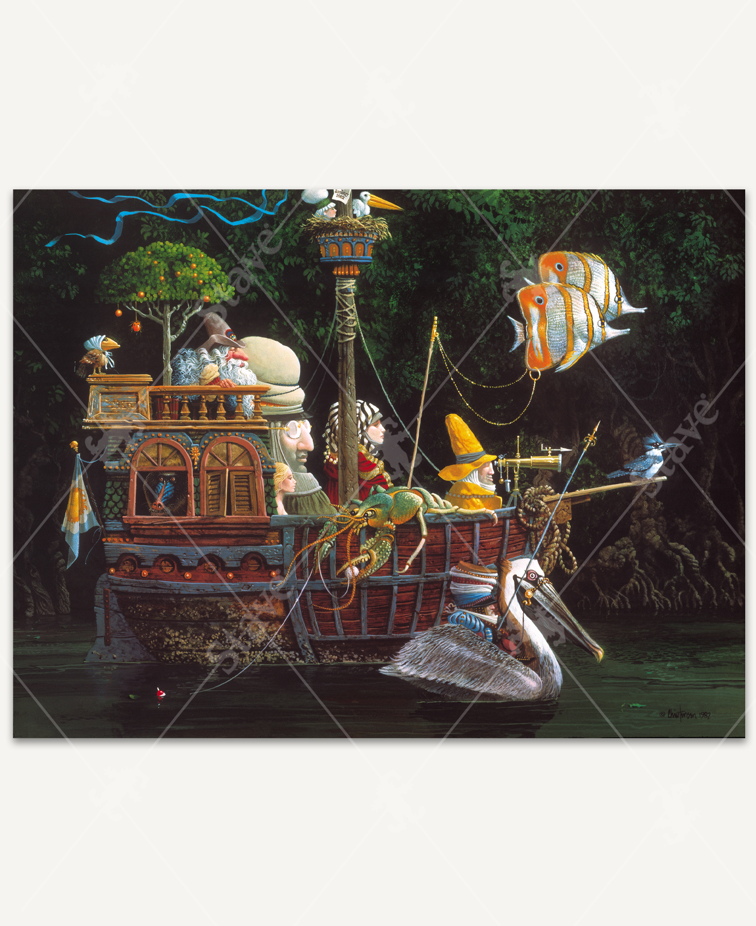 Voyage with the Ambassador wooden jigsaw puzzle showing a fantastical boat sailing on open seas. A noble ambassador stands on deck surrounded by his quirky companions. The ornate vessel brims with whimsical details, creating a mythical scene rich with imagination and metaphor.
