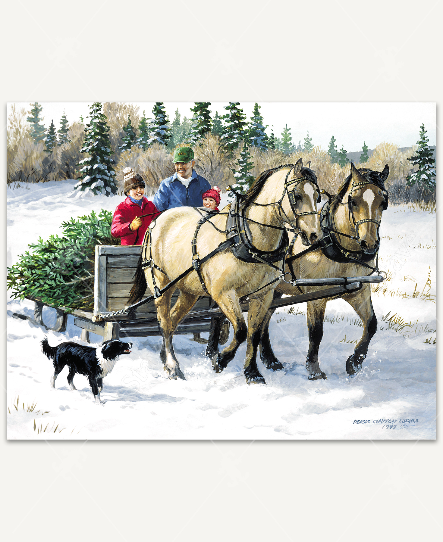 A handcrafted wooden jigsaw puzzle featuring a nostalgic winter scene by Persis Clayton Weirs. The artwork depicts a horse-drawn sleigh carrying a grandfather and his grandchildren through the snow, with a border collie trotting alongside and a Christmas tree in tow.