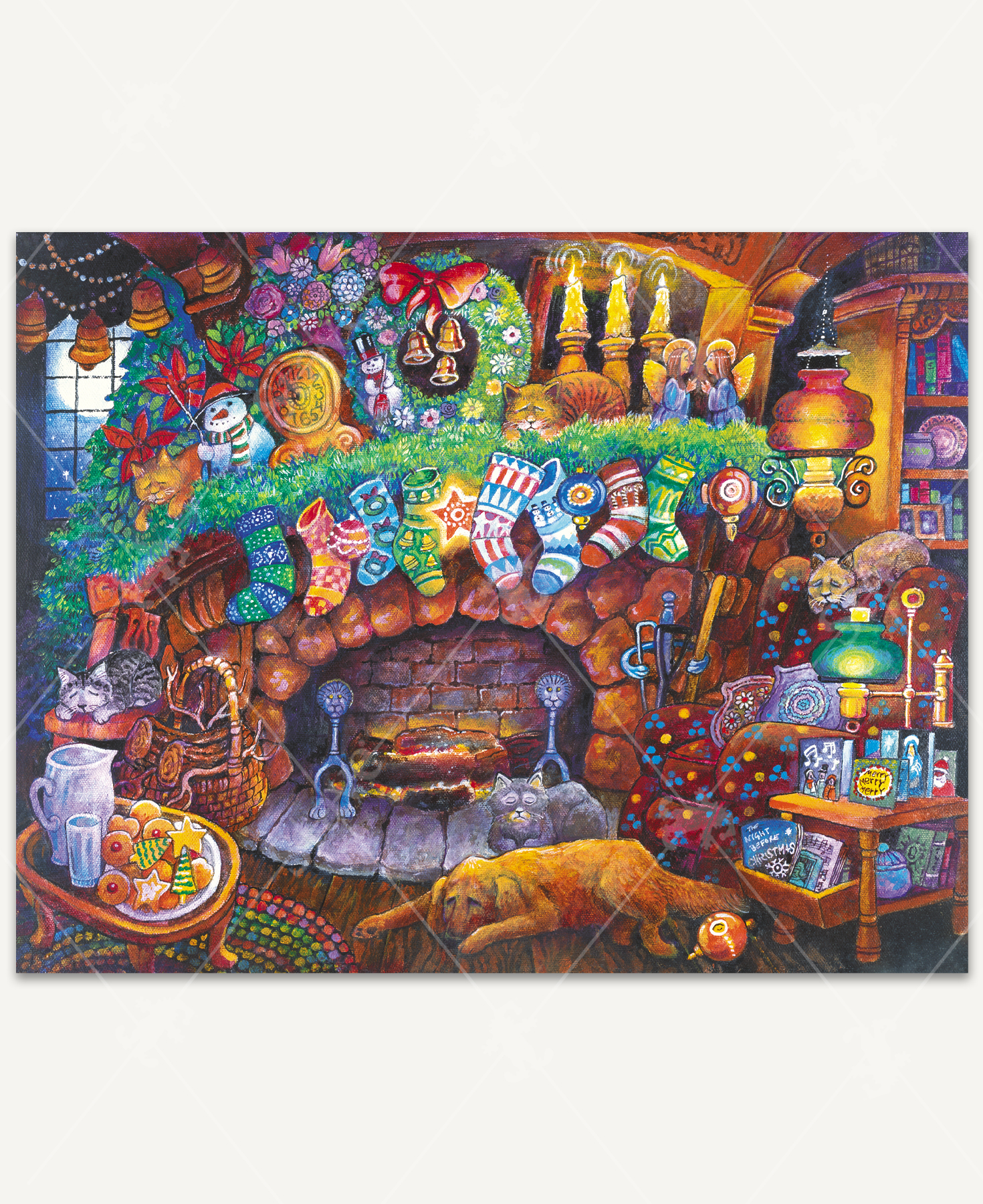 Christmas Eve scene by Bill Bell featuring a dog and cat by a glowing fireplace, stockings hung on the mantel, milk and cookies for Santa, and a cozy reading chair surrounded by holiday books.