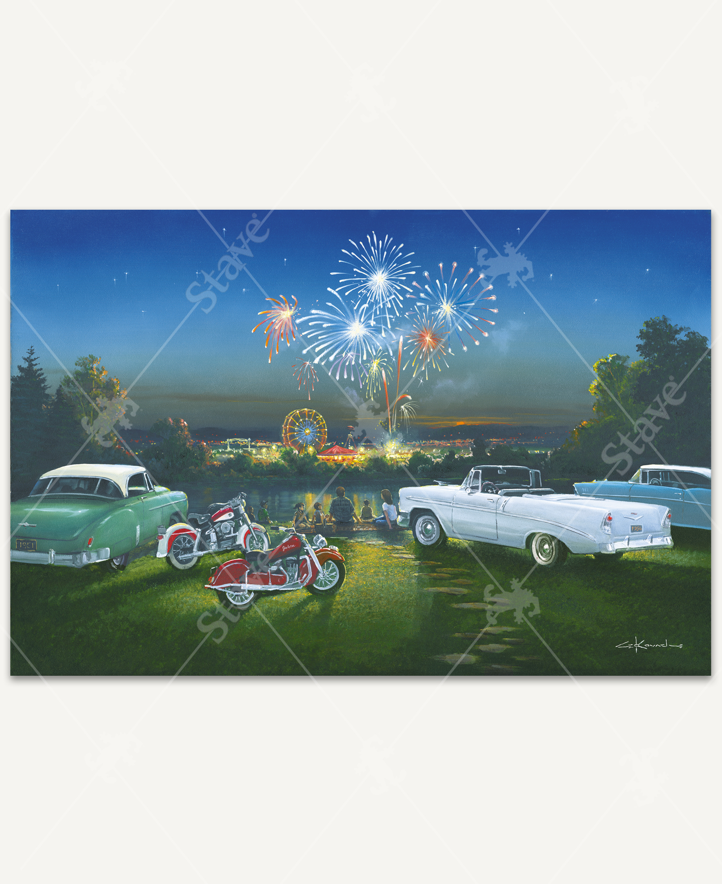 Classic Memories wooden jigsaw puzzle presents a twilight summer scene with vintage cars and motorcycles parked on a grassy hillside, families watching fireworks above a glowing riverside carnival, capturing the nostalgic charm of classic Americana.
