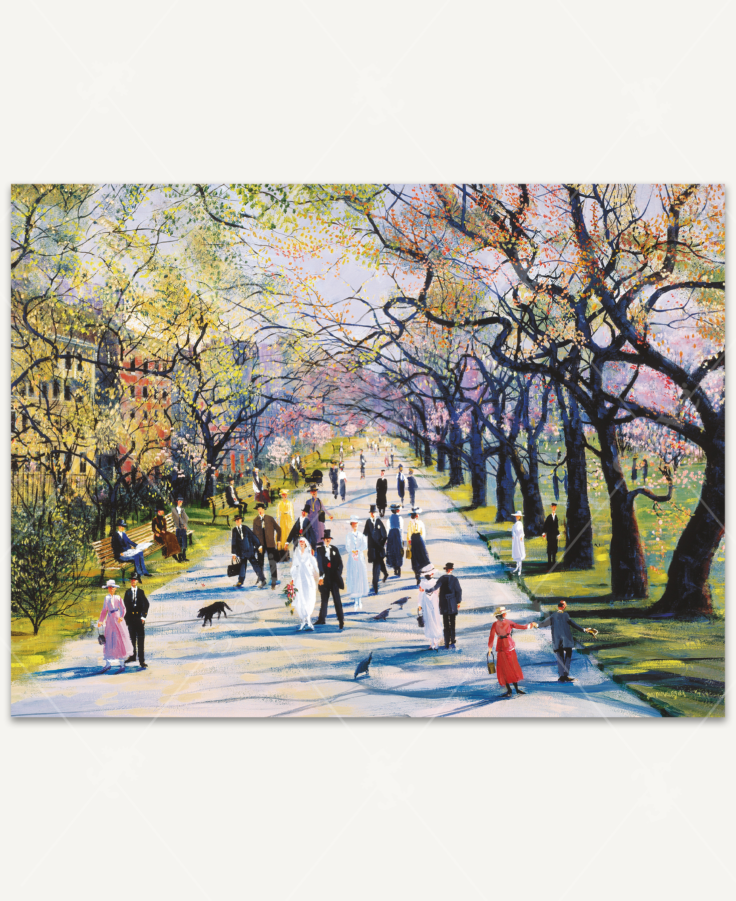 Spring In The Public Garden wooden jigsaw puzzle uncovers a spring day in the park, full of people walking on the path or sitting off to the side on the benches. Trees line parallel to the pathway, with their blossomed branched stretching over to the tree on the other side.