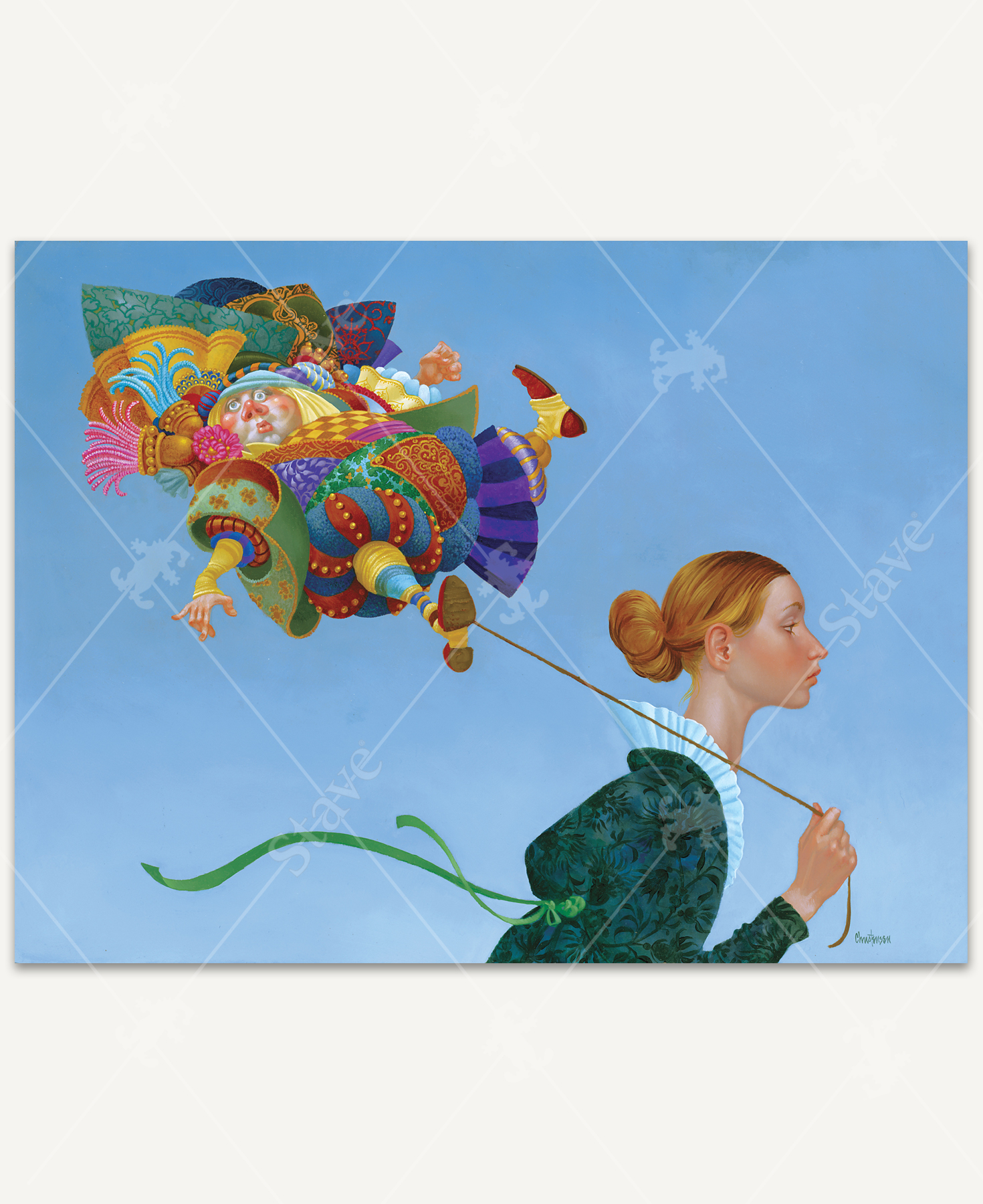 Poofy Guy On A Short Leash wooden jigsaw puzzle displays a man dressed in multiple layers of vibrant pattern clothing as he floats in the bright blue sky. A woman holds onto a rope that is tied to the man's leg, resembling a balloon.