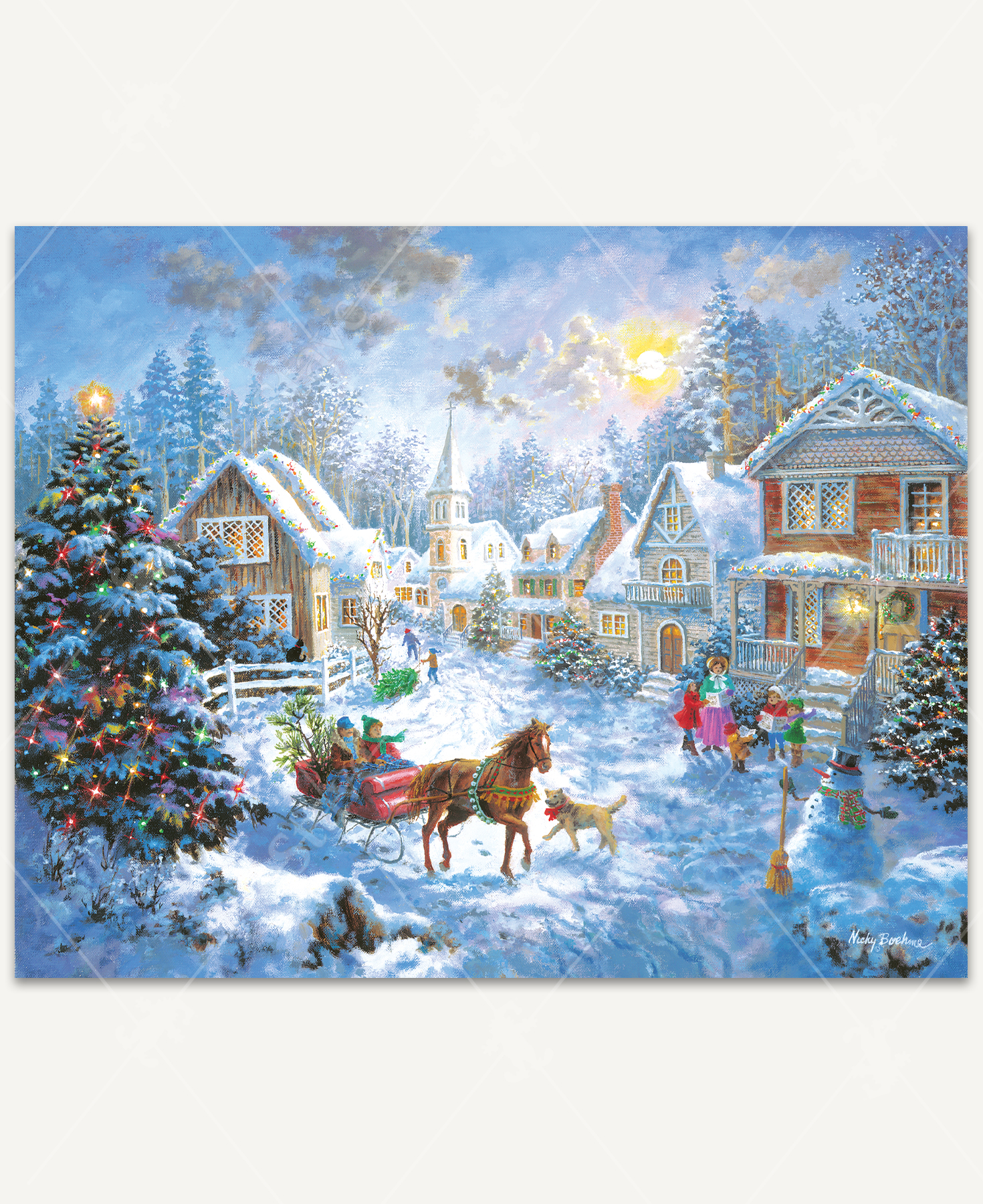 Handcrafted wooden jigsaw puzzle featuring a snowy village scene with carolers, children building snowmen, and a horse-drawn sleigh carrying Christmas trees. The village glows with twinkling lights, and the golden sun shines through a wintry sky.
